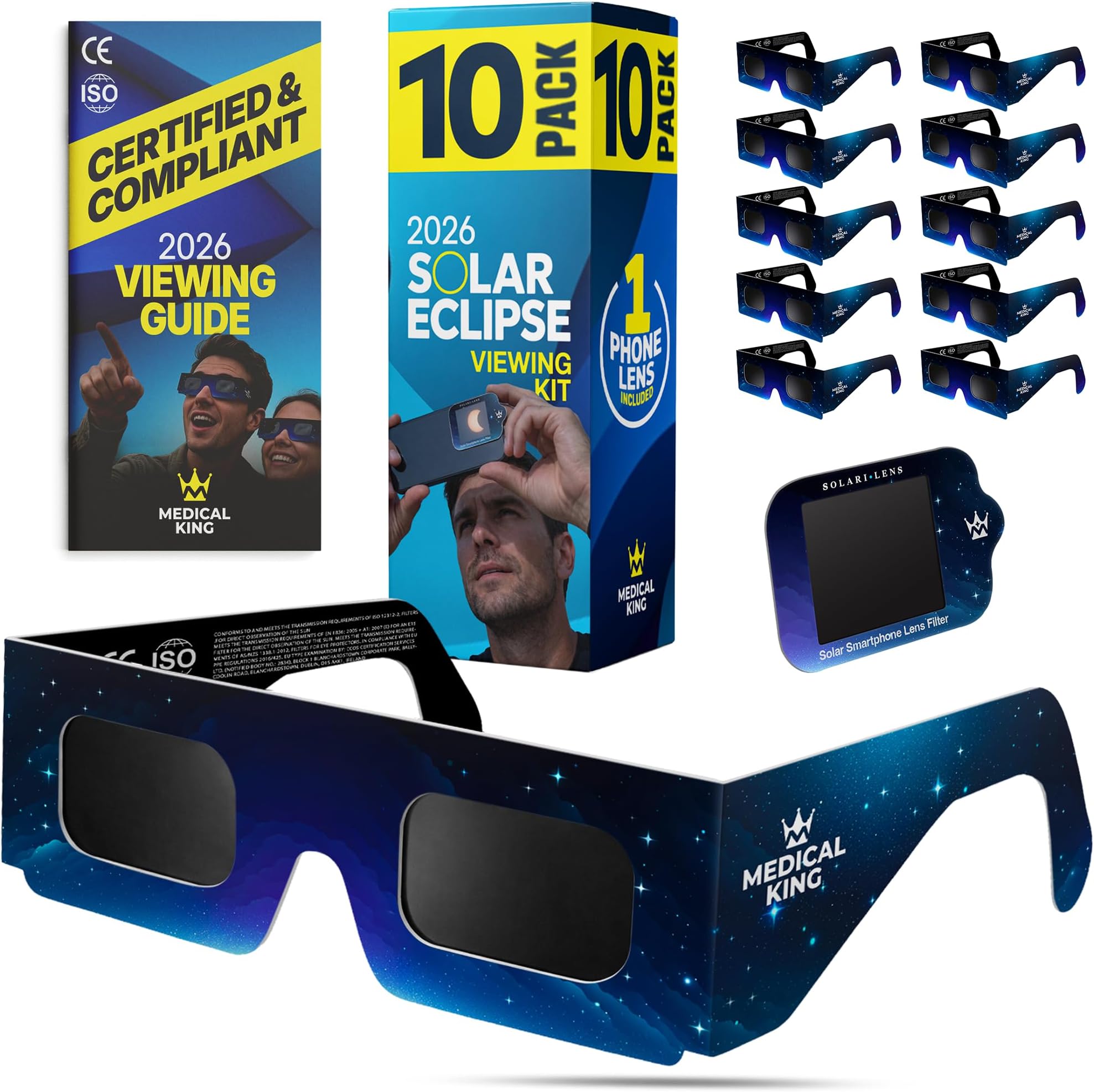 Medical king Solar Eclipse Glasses 12 pk – ISO 12312-2 and CE Certified Glasses For Safe View Solar Eclipse 2026 – The Eclipse August 12, 2026 With 2 Phone Lenss