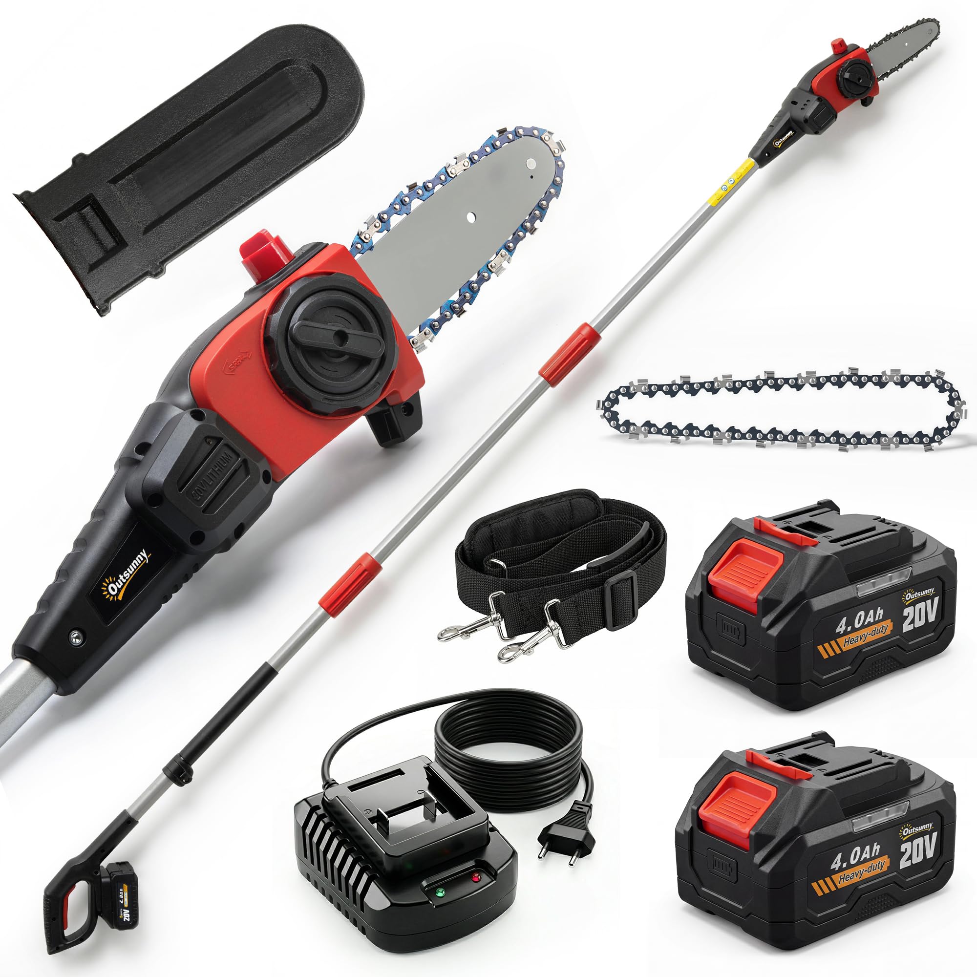 Outsunny Motosierra de Batería Extensible 1,94-2,56 m con Motor 300 W | Motosierra Eléctrica, 2 Baterías 4,0 Ah, Cargador, Doble Bloqueo, Lubricación Automática, Correa, 6 m/s para Podar Árboles