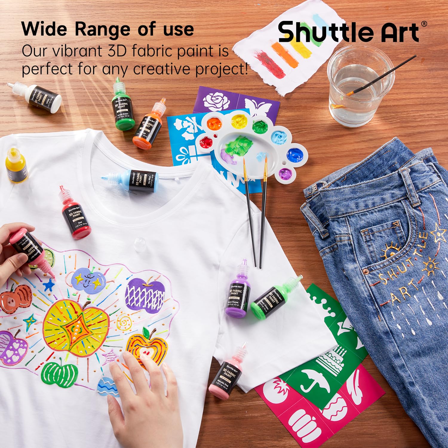 Shuttle Art Fabric Paint Set, 45 Colors 3D Permanent Paint with Brushes Palette Pen Fabric Sheet Stencils, Glow in The Dark, Glitter,Metallic Colors for Textile Fabric T-shirt Jeans Glass - Image 4