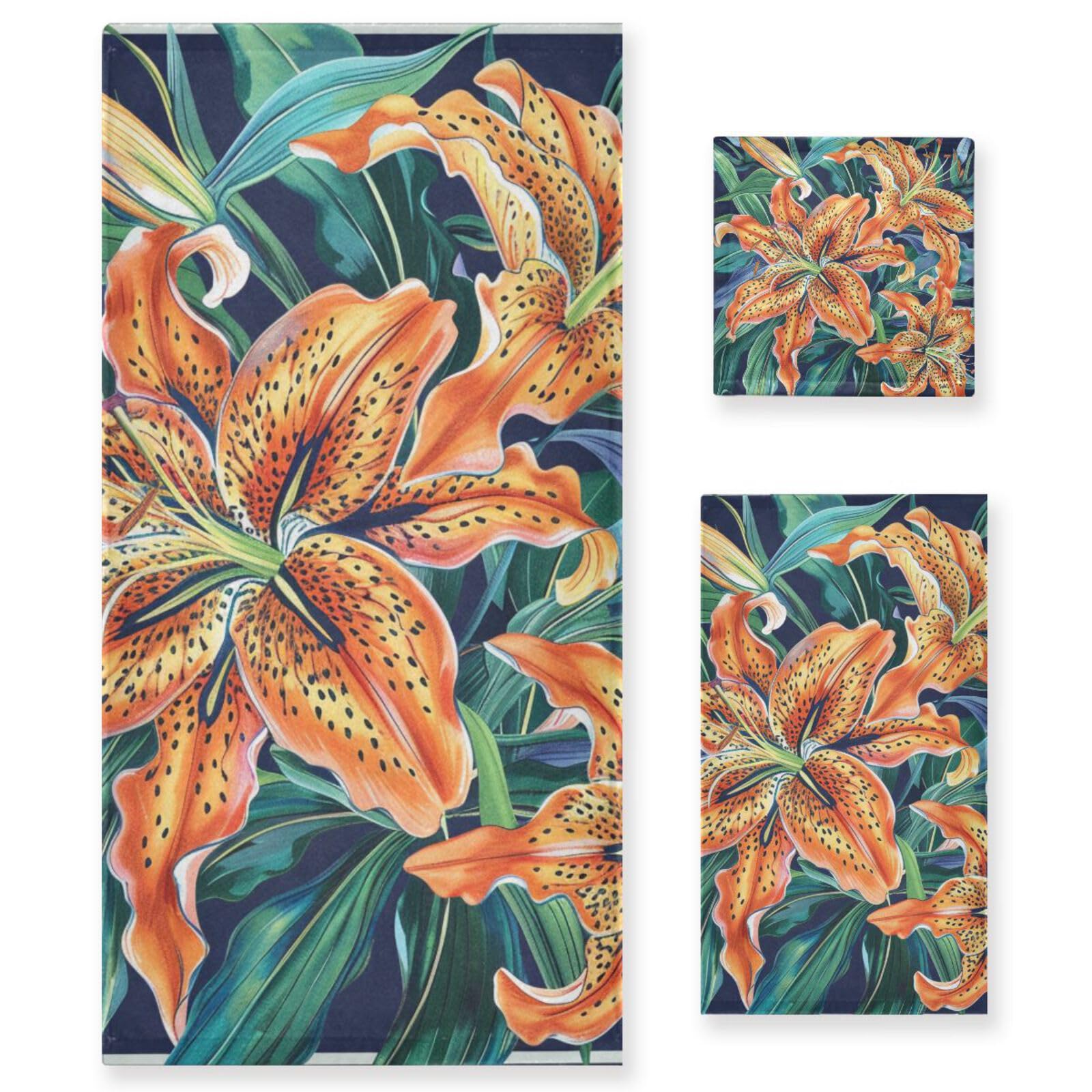 Set di 3 asciugamani da testa a punta con fiori arancioni in stile bohémien, 1 asciugamano da bagno, 1 asciugamano per mani, 1 panno per spiaggia, capelli, viso, palestra, nuoto, cucina