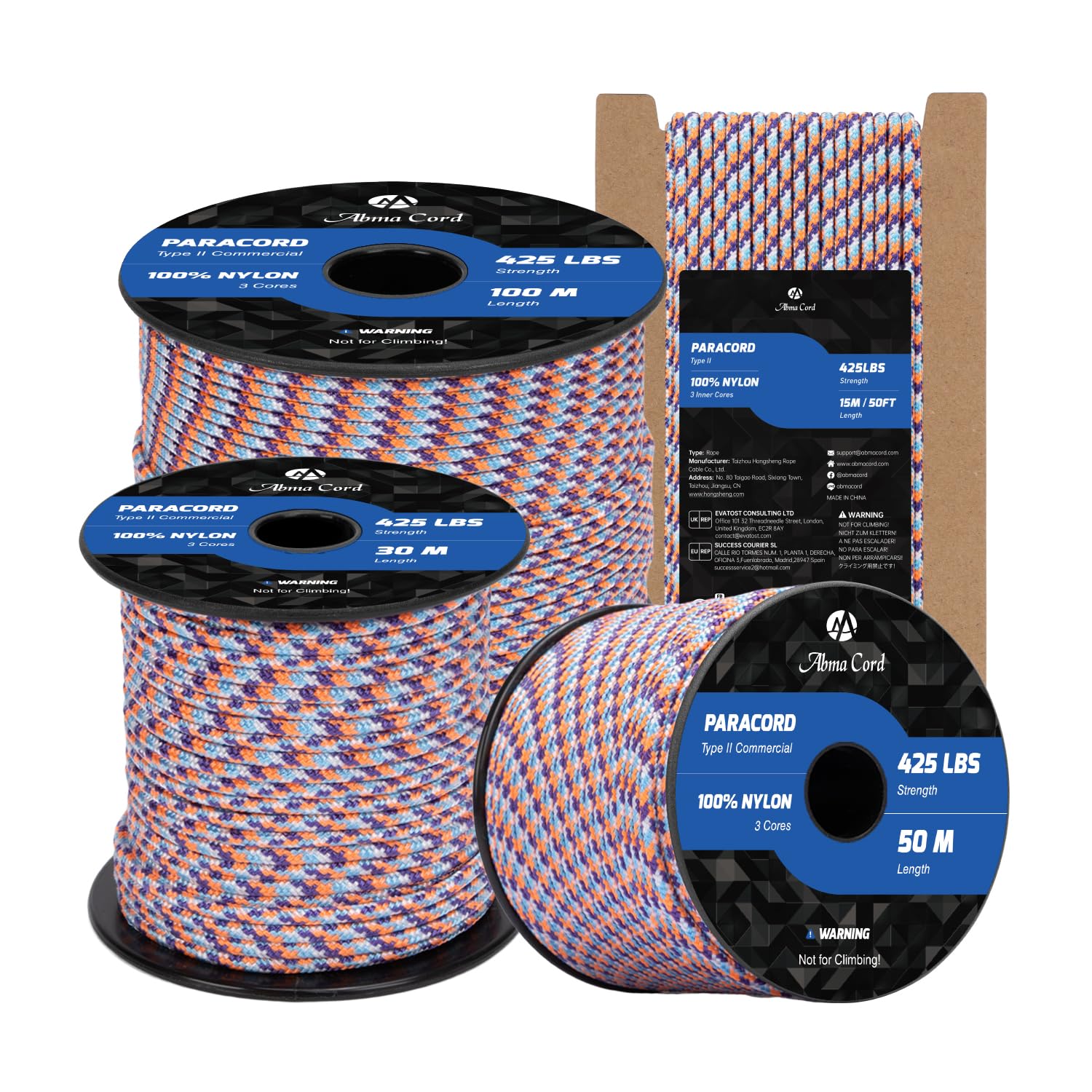 Abma Cord Paracord 3mm 15m 100% Nylon Rope Type II 3 Strands Parachute Cord - Max. 192kg (425lbs) - Summit