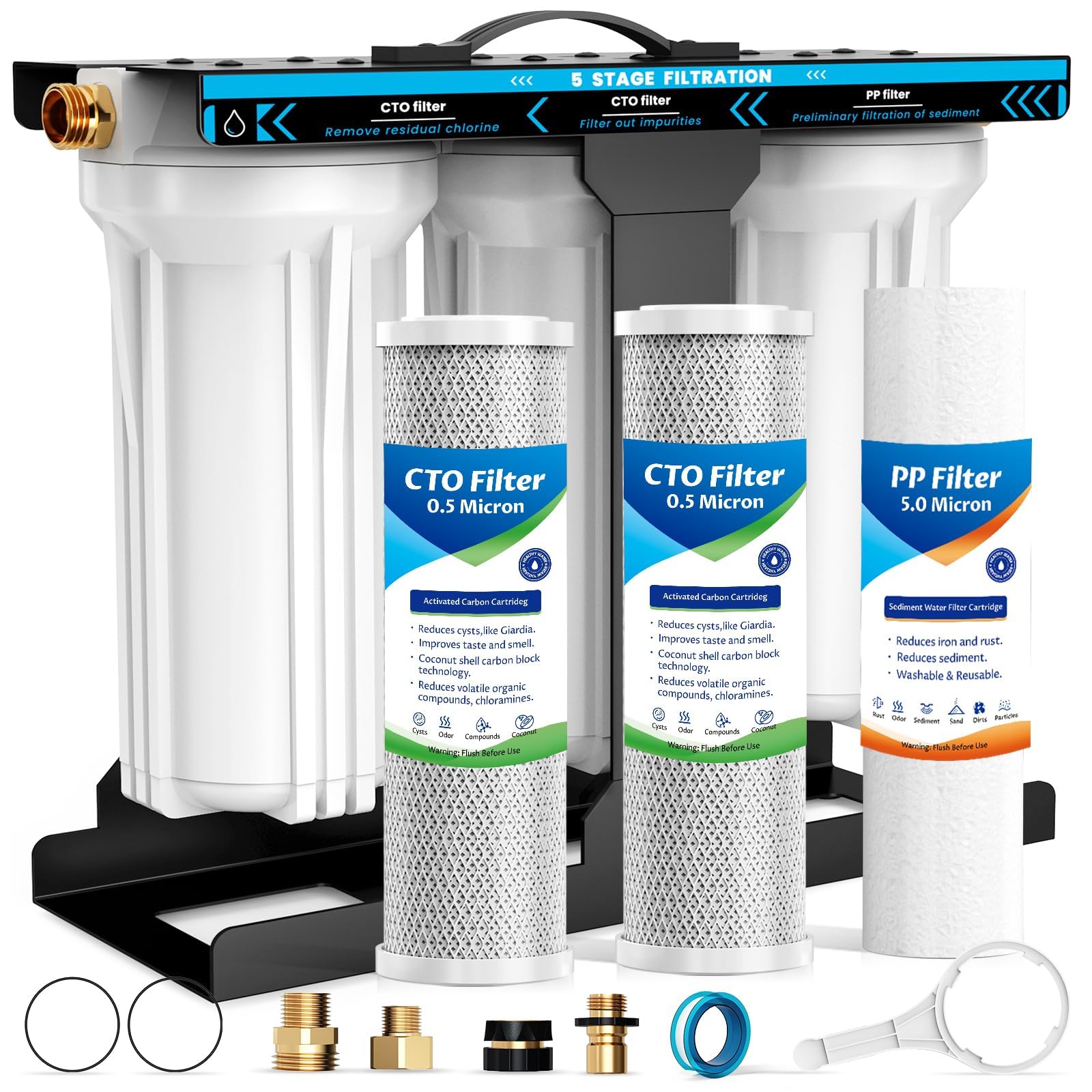 RV Water Filter System, 5-Layer 3 Stage RV Water Filtration System, Lead-Free Hose Quick Connectors, Removes Sediments,Chlorine,Heavy Metals, Odors,