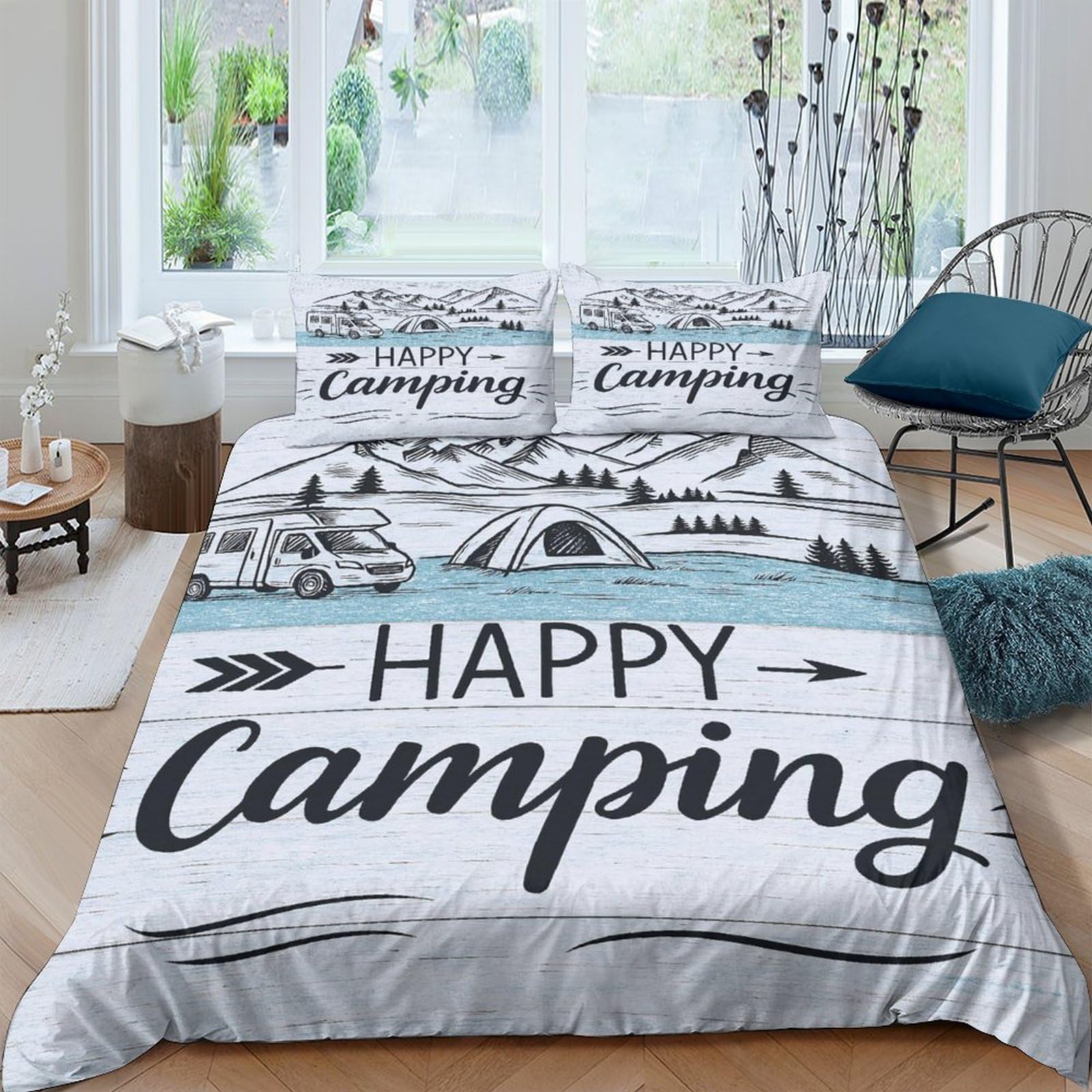 Ctjqhvkz Style-1 3D Printed Happy Camping Fitted Sheet Microfiber Soft Bed Cover Forest Tent Decor For Bedroom Guest Room Dorm Single（135X200cm）