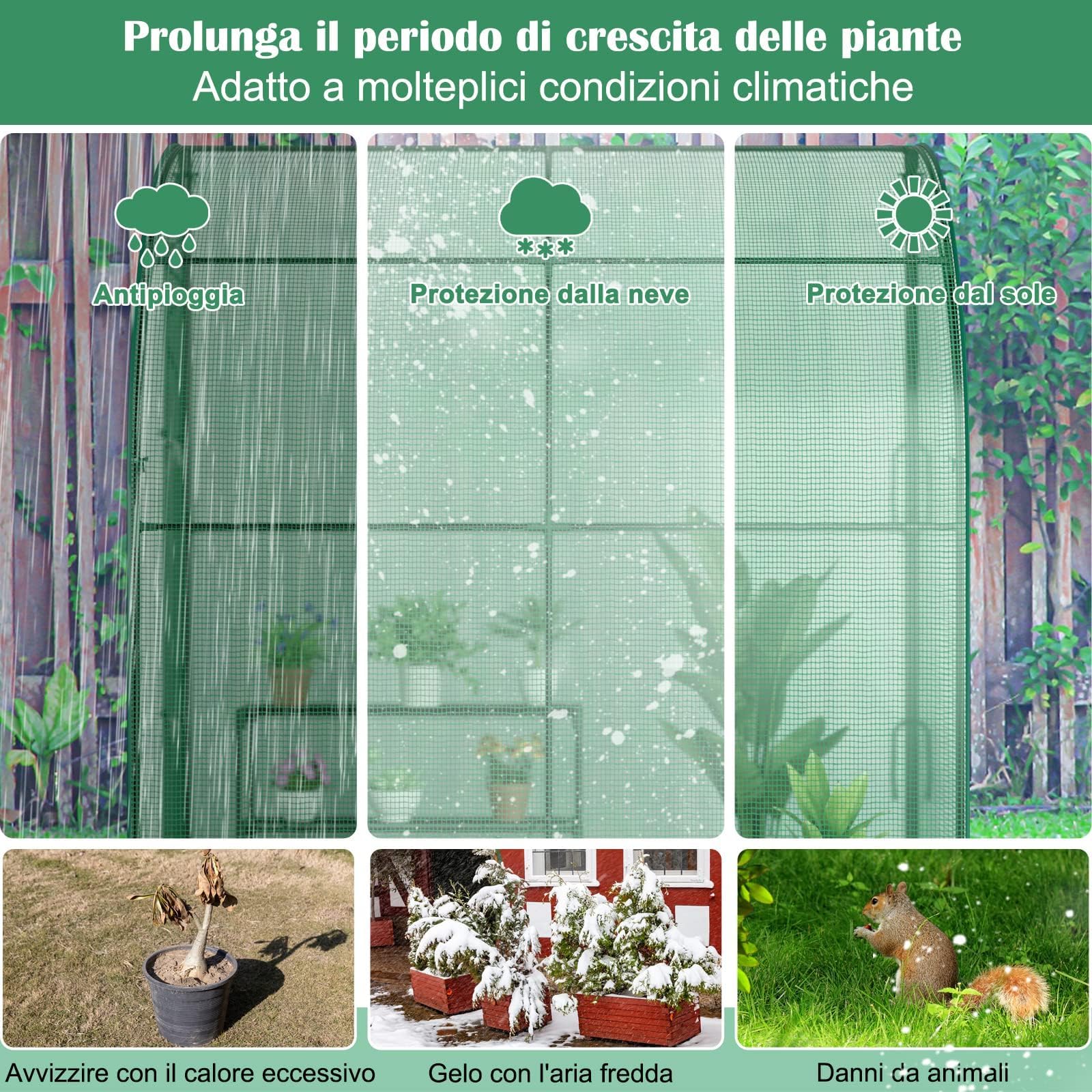 GYMAX Serra da Giardino da Parete, Mini Serra a Muro per Esterni con Ripiano a 3 Livelli, 2 Porte d’Ingresso con Cerniera, per Giardino, Cortile, 198,5 x 98 x 215 cm, Verde