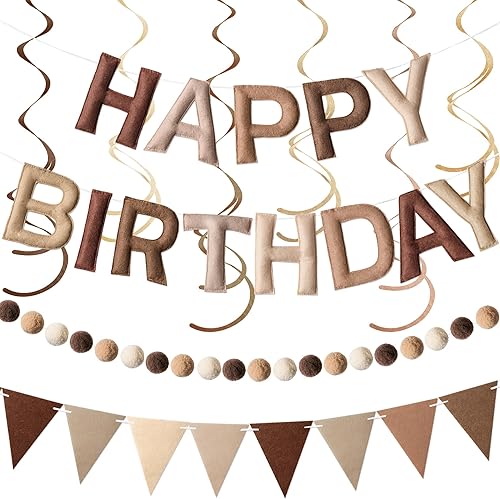 Kriyokiaa Cartel de fieltro preencordado con texto en inglés «Happy Birthday» de color marrón, decoración de fiesta de feliz cumpleaños con
