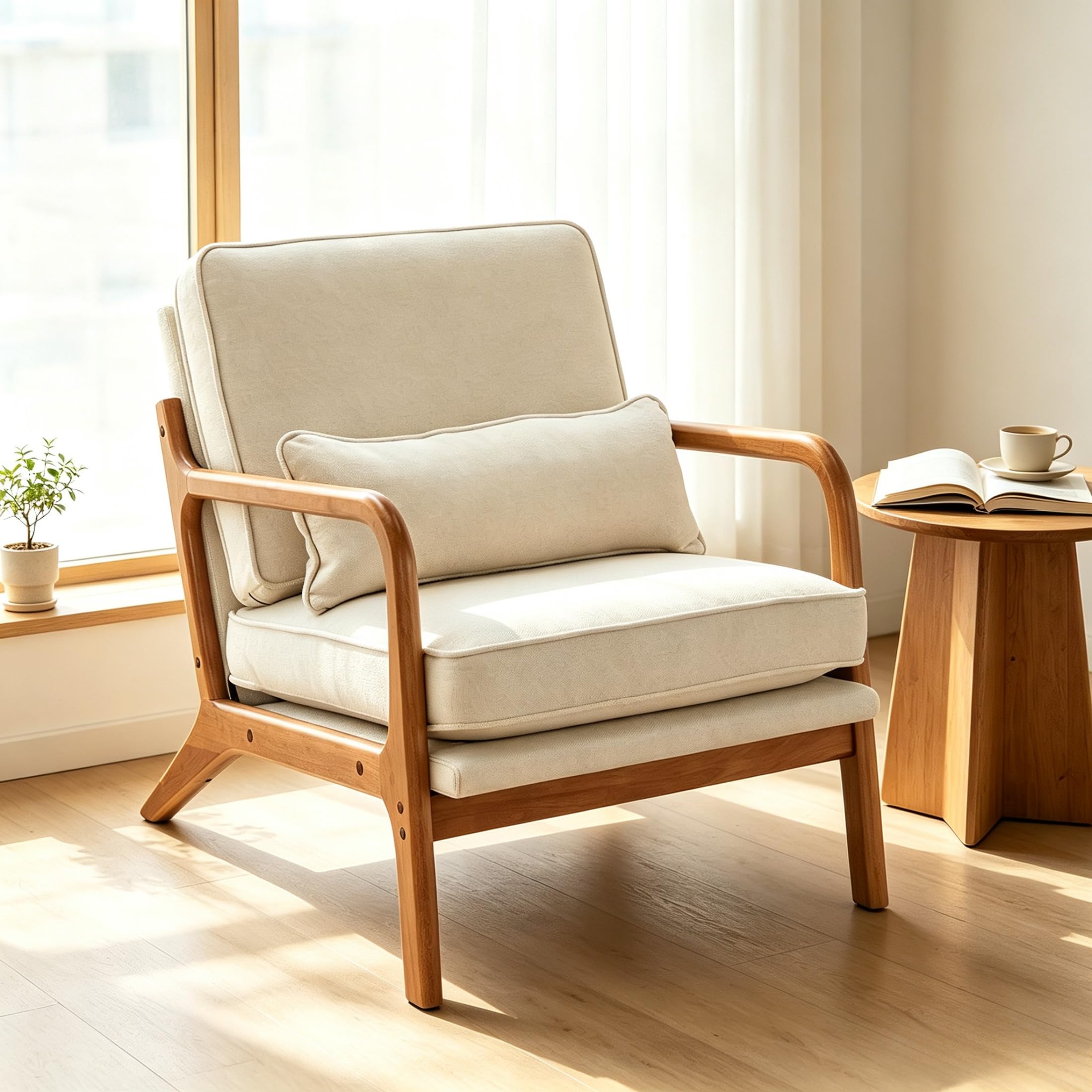 Beige Linen Mid-Century Reading Chair