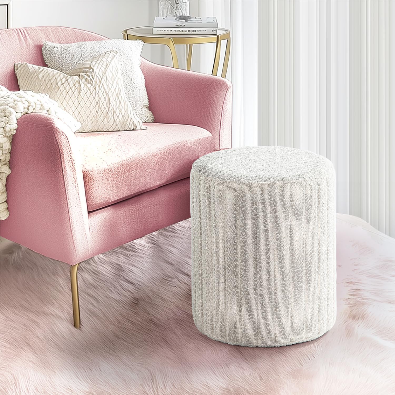 Get Set Style Modern Round Ottoman with Soft Padded Seat, Multifunctional Vanity Chairs for Makeup, Upholstered Footrest Stool Ottoman Foot Stool for Living Room, Bedroom, Boucle (White)