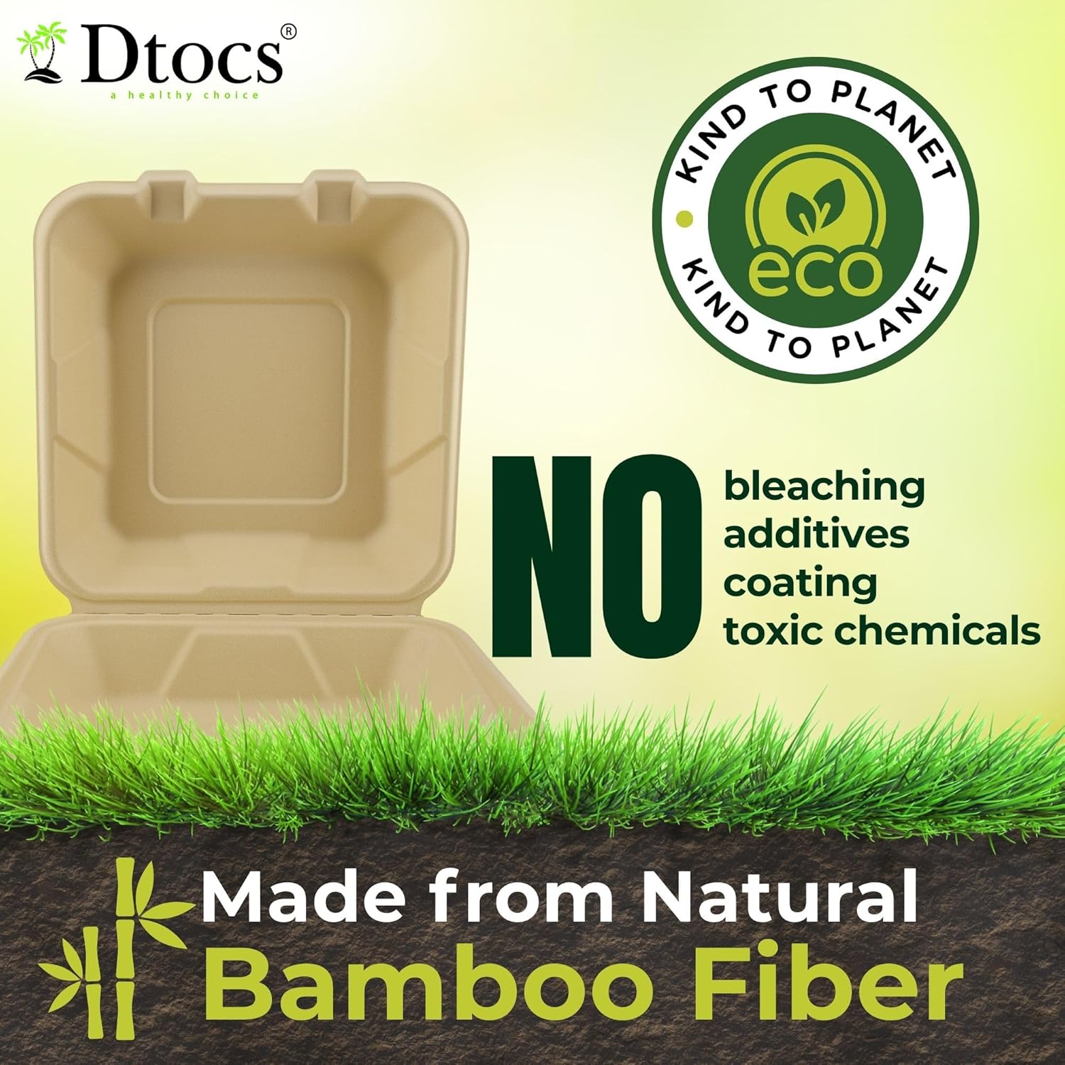 Dtocs Bamboo Clamshell Takeout Containers 8x8 [70 Pack] Heavy Duty Disposable Food Boxes Compostable Eco Friendly To Go Containers with Hinged Lids for Restaurants Catering