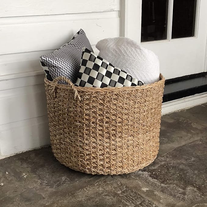 Round Woven Wicker Rattan Large Blanket Floor Storage Basket with Handles perfect Big Empty Decor Organizer Holder for baby toys, laundry, magazines and towels Natural