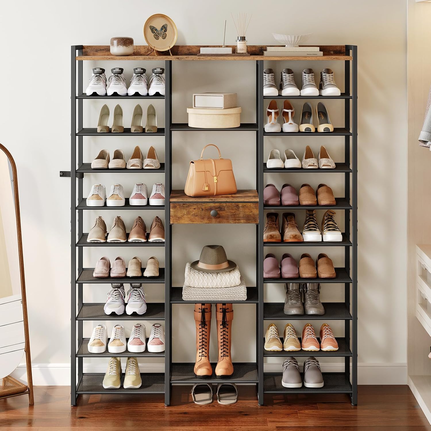 HOOBRO Shoe Rack, 10-Tier Large Capacity Shoe Storage Organizer with Metal Shelves, 63" H Shoe Shelf for Front Door Entrance, Closet, Holds 50-52 Pairs of Shoes, Rustic Brown