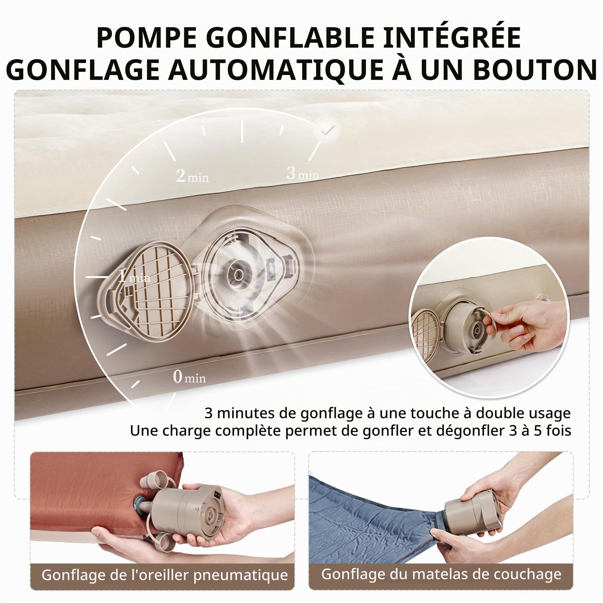 Naturehike Matelas Pneumatique Auto-Gonflant 2 Personnes 200x150x25 cm Pompe Électrique Intégrée 300 kg Charge Max Lit d'Invite Confortable pour Camping et Domicile