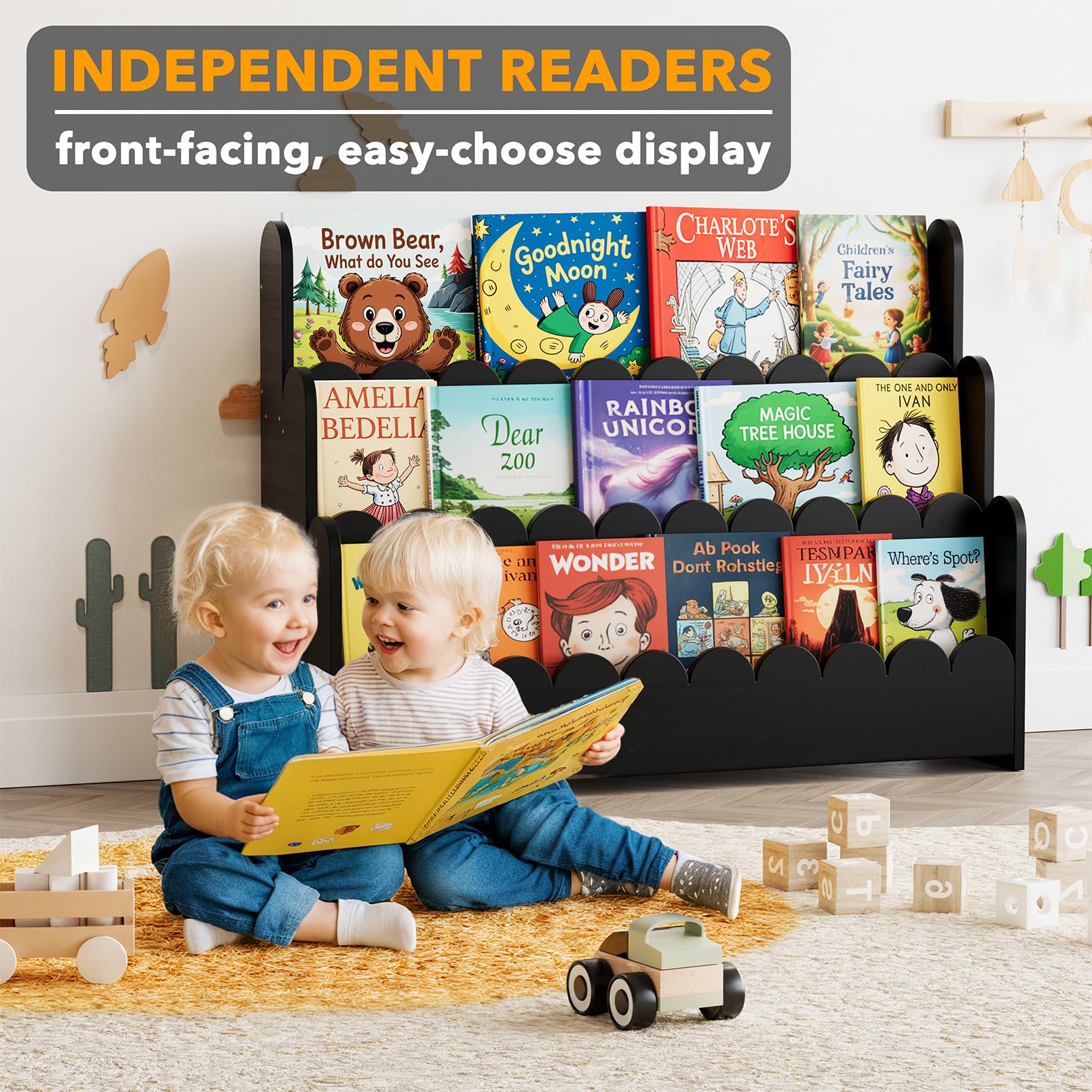 SpaceAid 3-stöckiges Montessori-Bücherregal, gewelltes Holz-Bücherregal für Kleinkinder, Organizer, Präsentationsmöbel für Kinderzimmer, Spielzimmer, Klassenzimmer, 93,2 cm breit, Schwarz