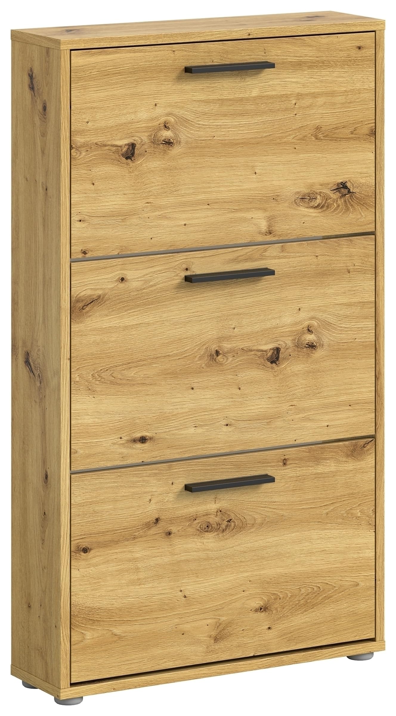 möbelando Schuhkipper 3 Klappen Eiche Artisan Dekor 59x103x17 cm melaminbeschichtet schwarzen Griffleisten