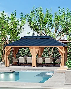 Hardtop Wood Gazebo 12'x16' for All Weather, with Double Metal Roof, Heavy Duty Wooden Frame, Net, and Curtain, Permanent Building for Patio, Deck, Backyard, Lawn, and Garden, Khaki