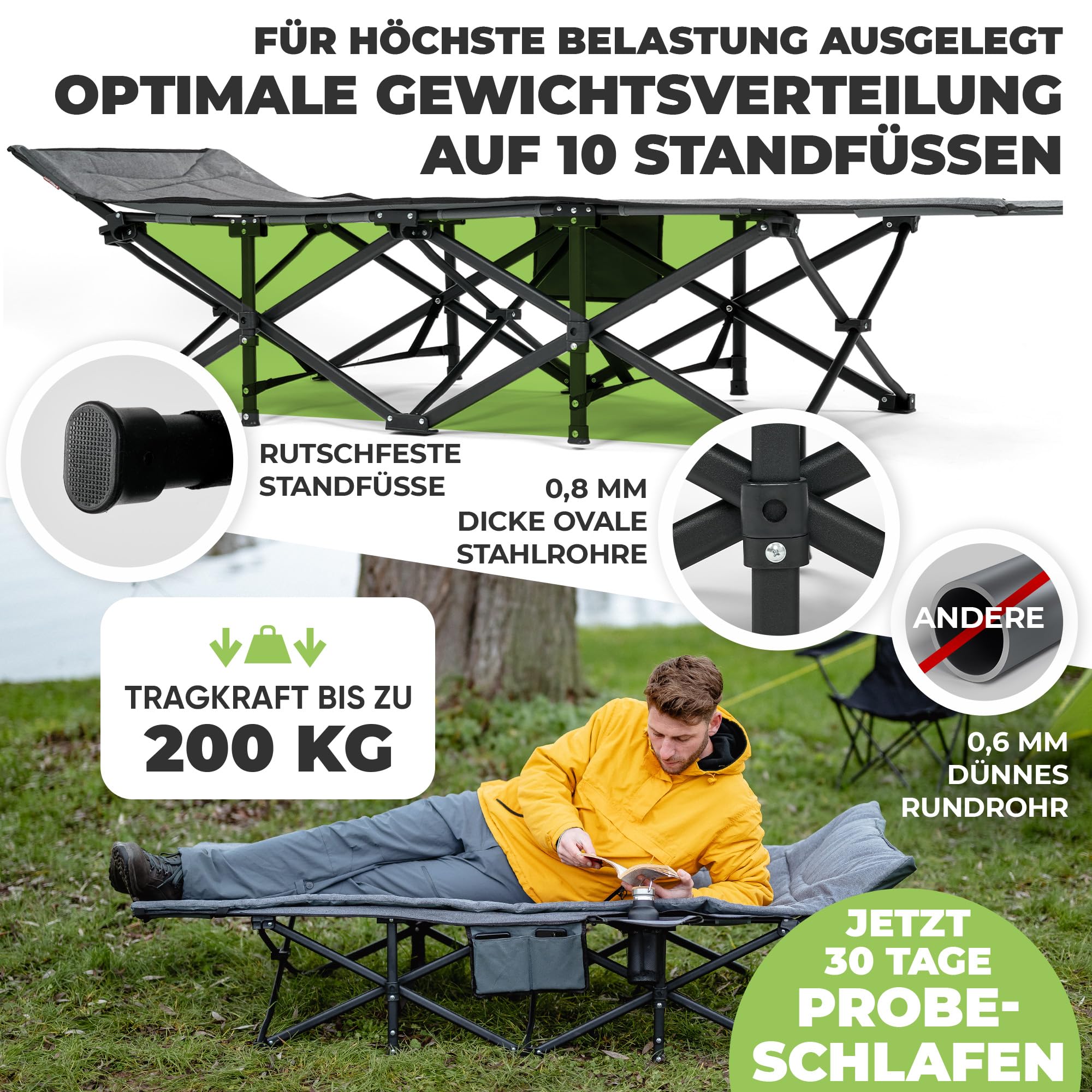 𝐍𝐎𝐑𝐃𝐈𝐂𝐓𝐑𝐀𝐈𝐋𝐒 Feldbett klappbar [Campingbett] XXL Campingliege | Faltbar, leicht & breit für Outdoor | Gästebett klappbar, Liege, Klappbett, Angelliege, Camping Karpfenliege | Mit Auflage