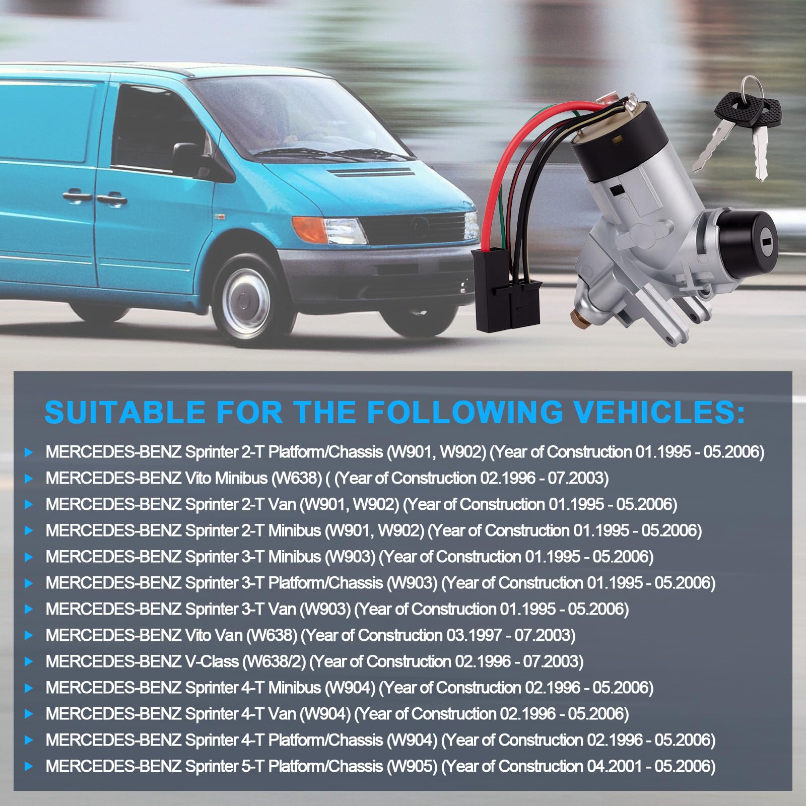 Interrupteur d'allumage avec 2 clés - Interrupteur d'allumage de voiture - Remplacement pour Sprinter W901 W902 W903 W904 1995-2006 Vito W638 - Numéro de pièce 0005458108 9014600104