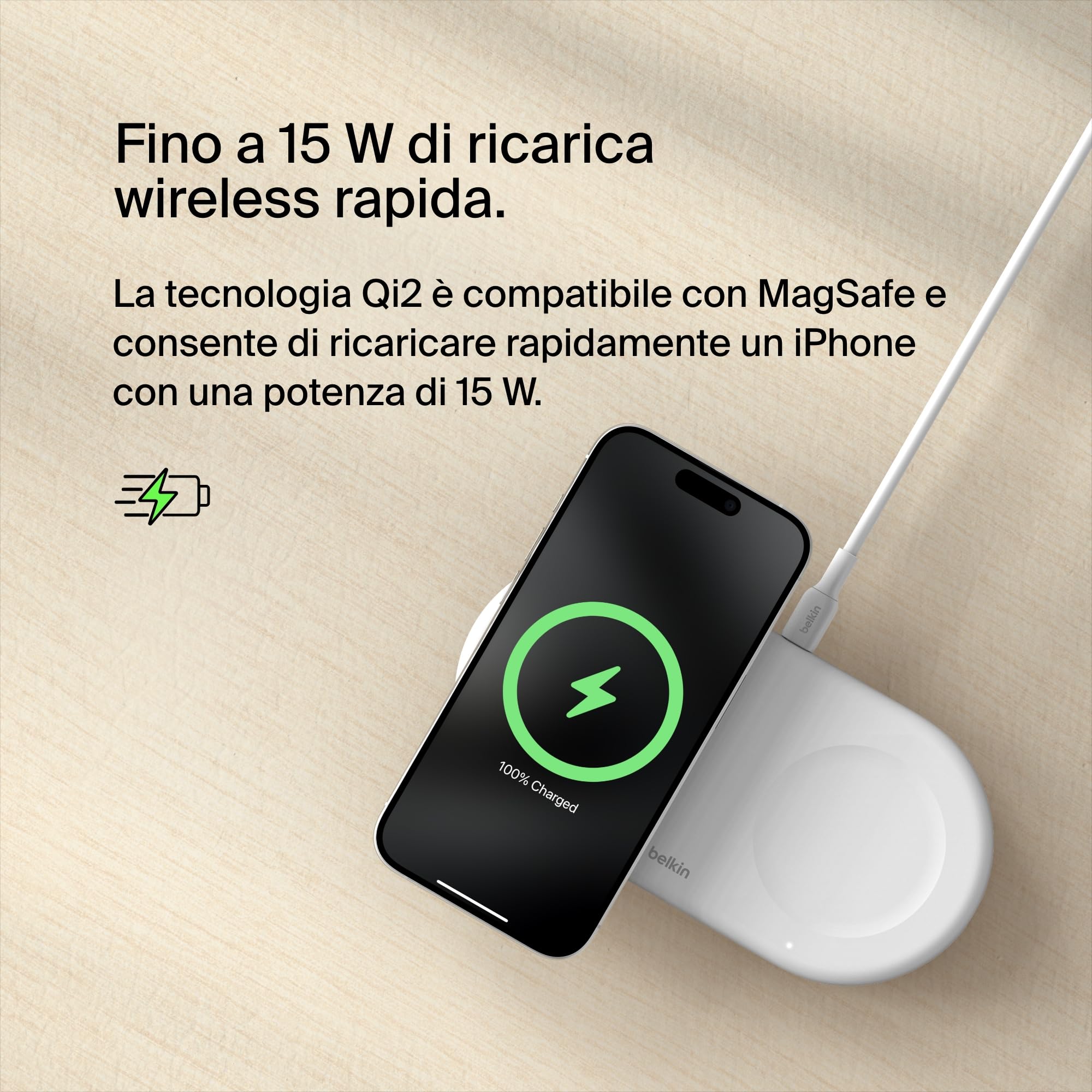 Belkin BoostCharge Pro Tappetino di Ricarica Wireless 2 in 1 con tecnologia magnetica Qi2 15W, Caricabatteria wireless rapido per iPhone 17, Air, Pixelsnap, AirPods e dispositivi MagSafe - Bianco