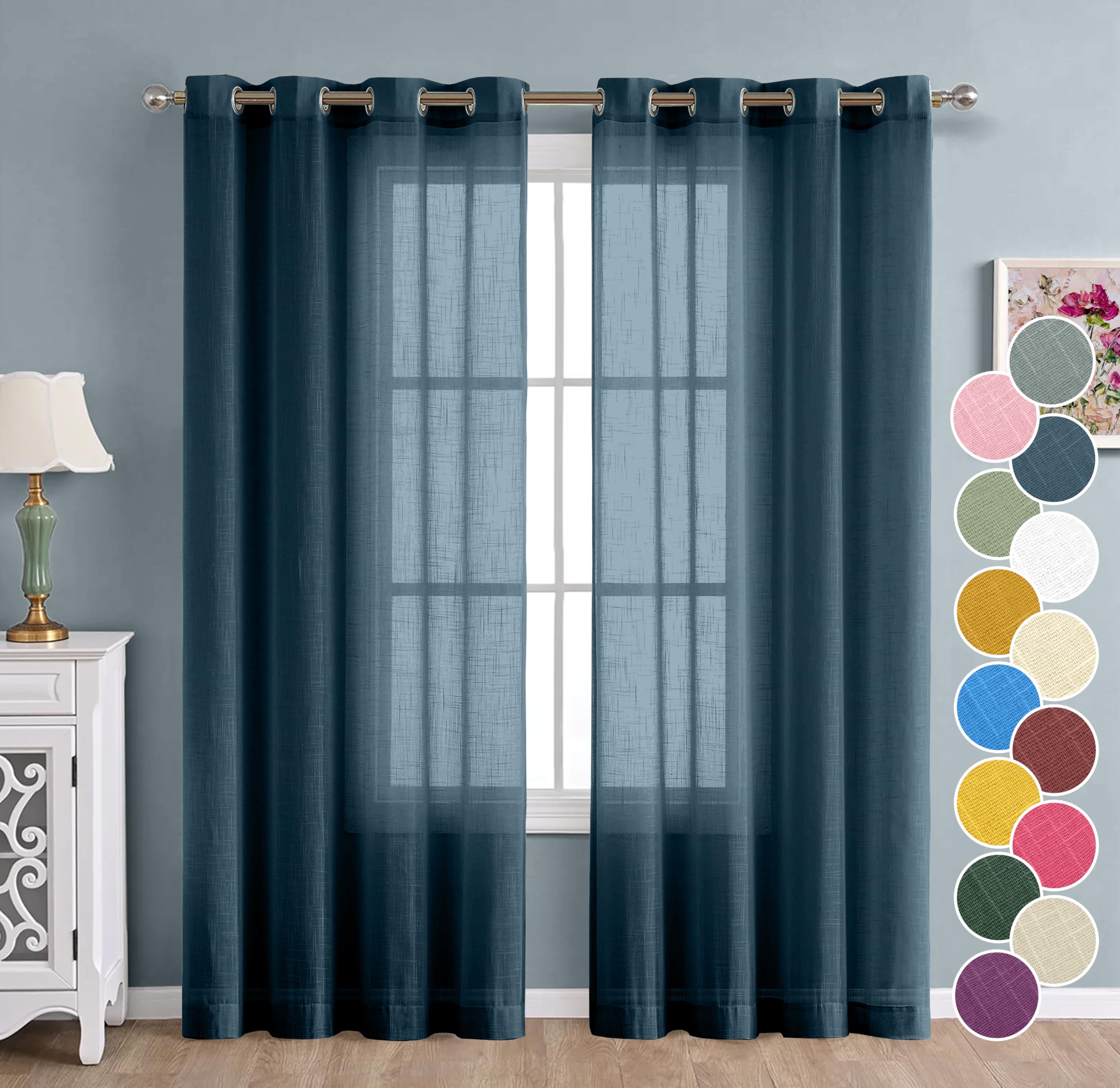 THE LINEN COMPANY Cotton Linen Solid Sheer Curtain Set with Steel Eyelet Rings Door Curtain - 4.5 x 7 Feet (Set of 2 -Navy)-image-22