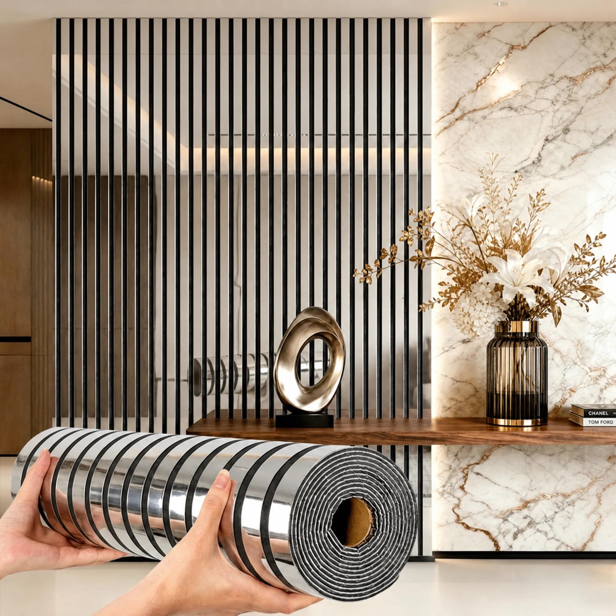Camiraft 6mm Thick Acoustic Wall Panels, Peel and Stick Wall Panels for Soundproofing, 3D Silver Mirror Wallpaper Stripe Slat Wall Panelling for Living Room Bedroom Office (8 Roll=9.6㎡)