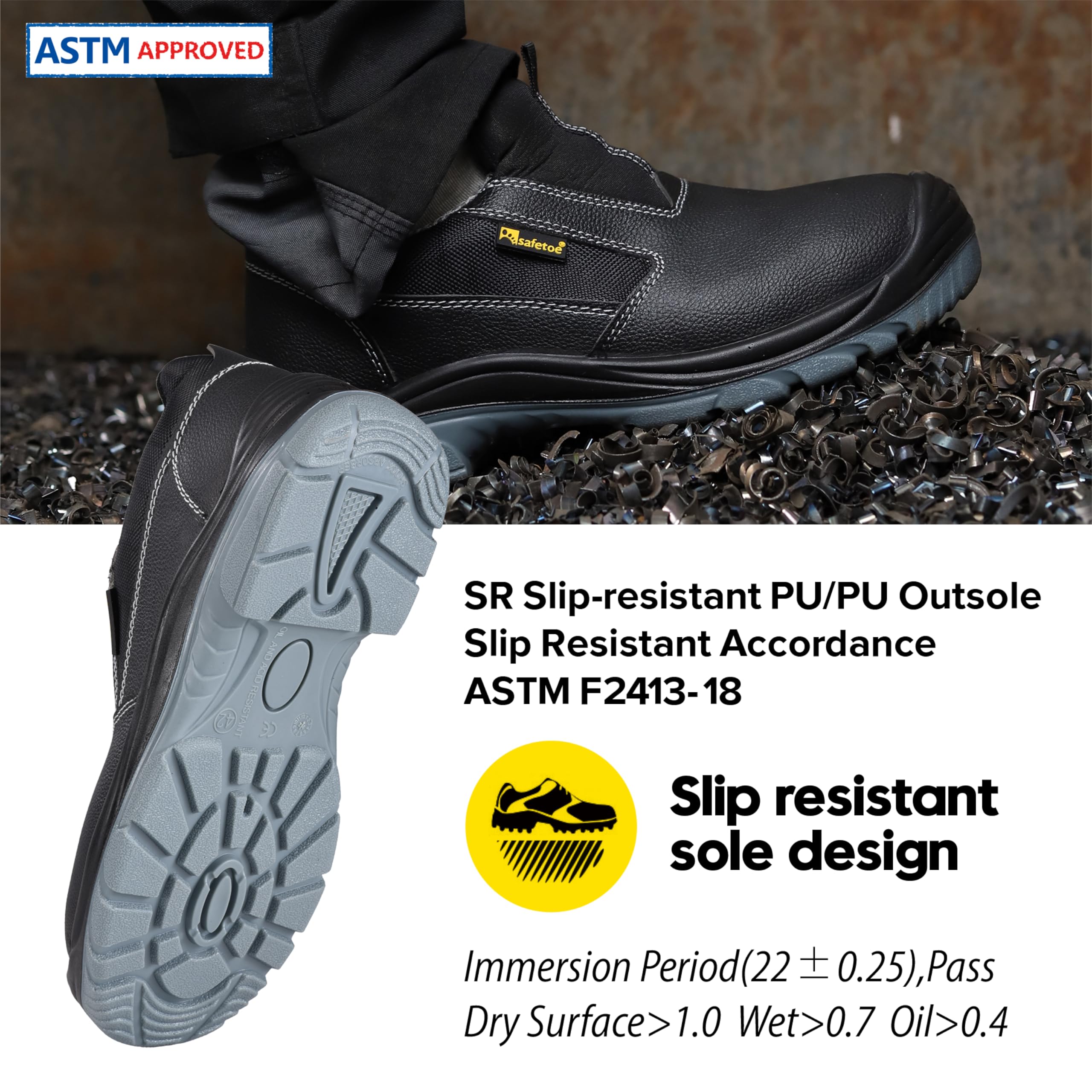 Zapatos de trabajo sin cordones para hombre, de baja altura, puntera de acero, piel de vaca, zapatos de seguridad negros con entresuela de placa de acero, tenis ligeros y cómodos para uso industrial