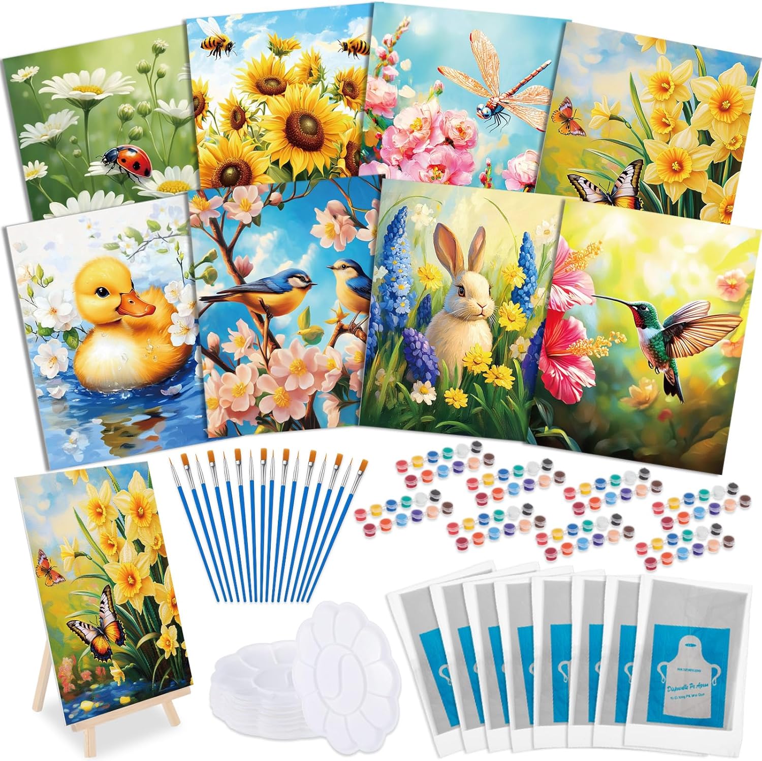 Tenceur 72 Pieces Pre Drawn Canvas Kit 8" x 10" Paint and Sip Kit for Adults DIY Painting Party Pre Printed Stenciled Canvas with Design Easels Aprons Brushes for Party Gifts(Flowers)
