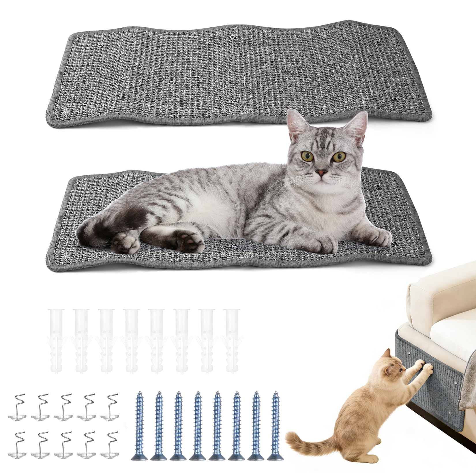 2 PcsCat Scratcher Mats,60x25cm Sisal Cat Scratching Mat, Cat Scratching Pads Boards, Anti Scratch Furniture Protectors for Protecting Furnitures Bed Sofa Protectors Mats Pad with Accessories(Grey)