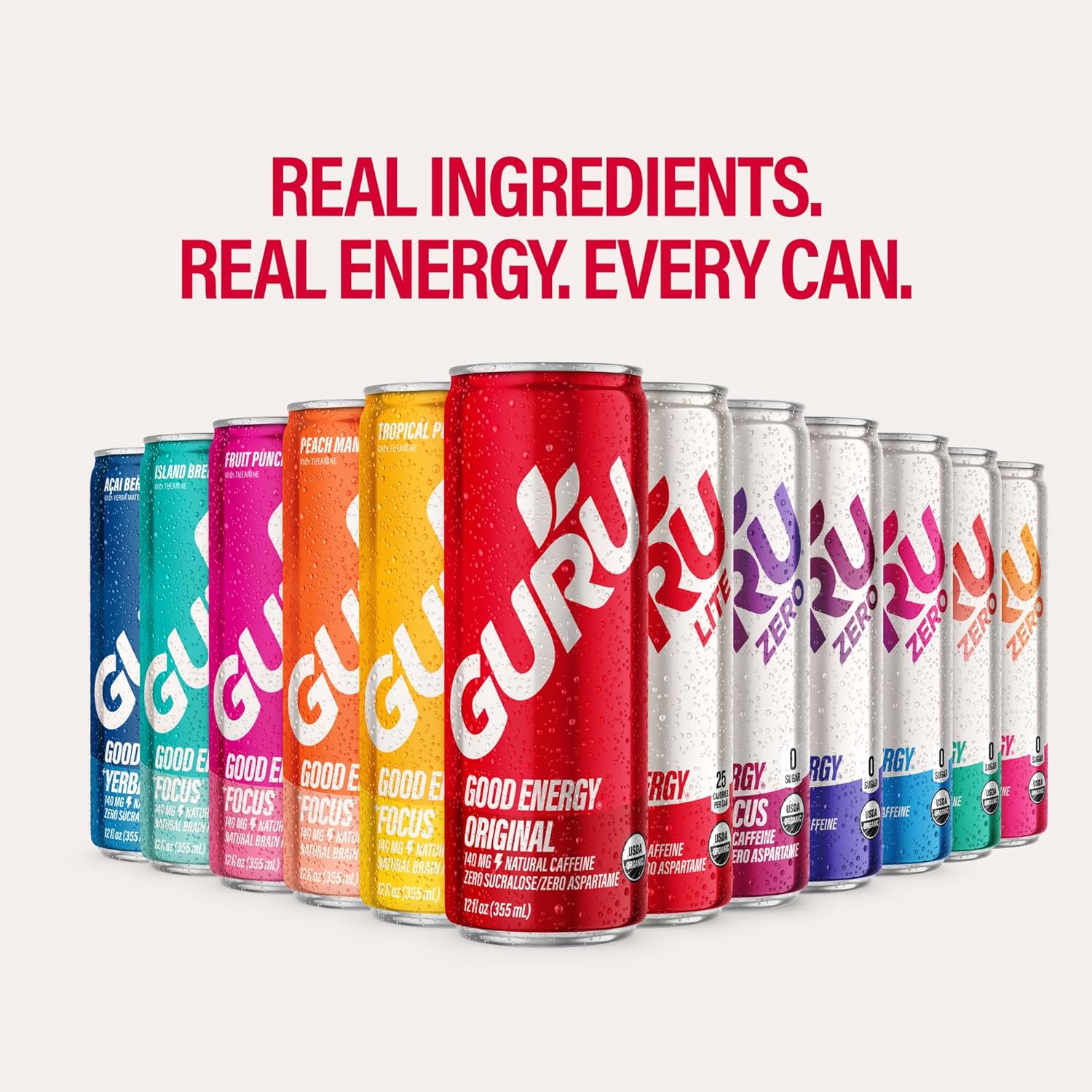 GURU Lite Organic Energy Drinks, Clean Energy Drink with Plant Based Natural Caffeine from Green Tea, Low Calorie, Gluten Free and Vegan, 140MG Caffeine, Healthy Drinks, 12oz (Pack of 12)