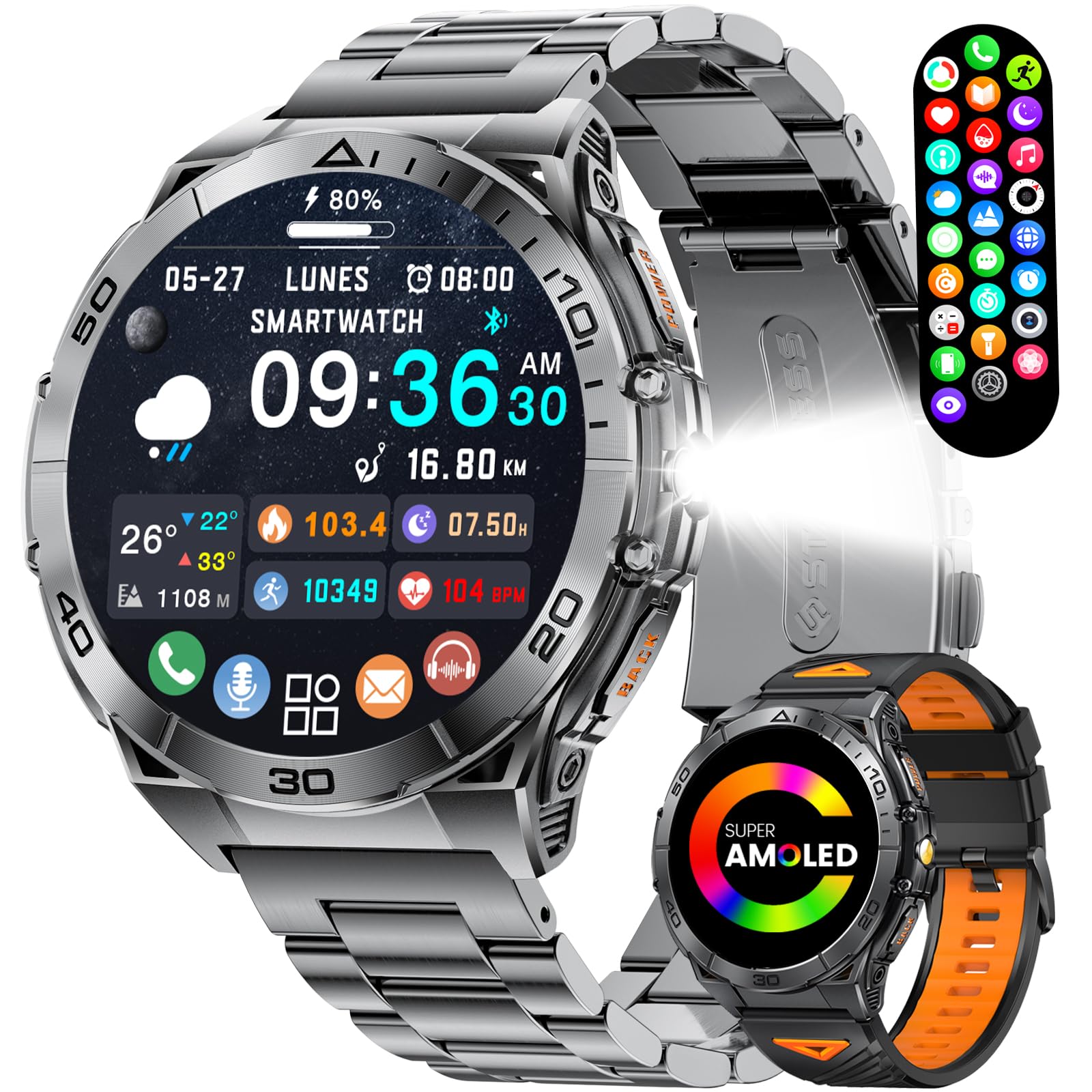 Smartwatch Herren Militär, 1,6'' AMOLED Smartwatch Telefonfunktion, Sportuhr Herren 100+ Sportmodi, Herzfrequenz/Schlaftracking, Fitnessuhr 600mAh & LED Taschenlampe, Armbanduhr iOS/Android, EF16-A