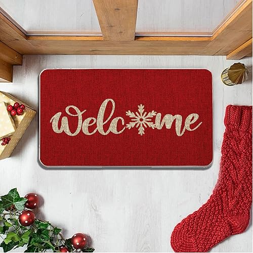 Miniatura 4 de GAGEC Tapete de Navidad para exteriores, tapete rojo de bienvenida con copos de nieve, tapete de entrada para puerta de invierno, decoración de casa