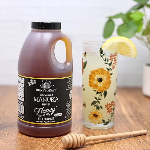 Miniatura 5 de HONEY FEAST Miel de manuka cruda con infusión de propóleos  Mezcla de miel de Manuka de Nueva Zelanda con propóleos  Miel a granel  MGO182  Fórmula
