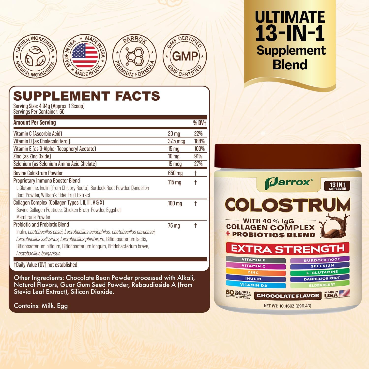 Colostrum Powder with 40% IgG, Collagen, Probiotics, Burdock Root, L-Glutamine, Elderberry, Vitamin C, Vitamin E, Vitamin D3, Inulin, Selenium, Dandelion Root, Zinc, 60 Servings (Chocolate)