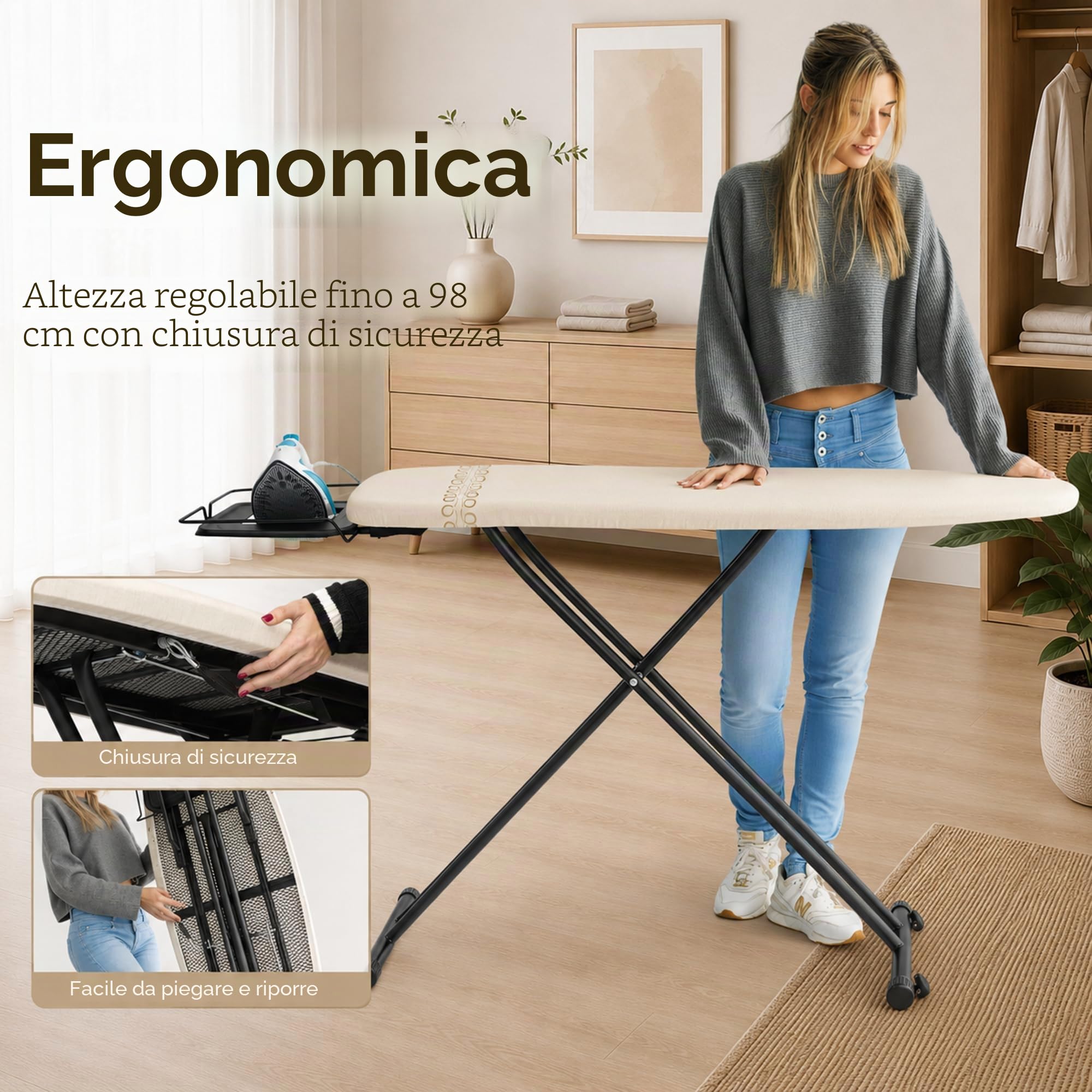 Asse da stiro professionale XXL StarBigVIP 130 x 47 cm – Uso intensivo, struttura rinforzata e stabile – Per ferro con caldaia