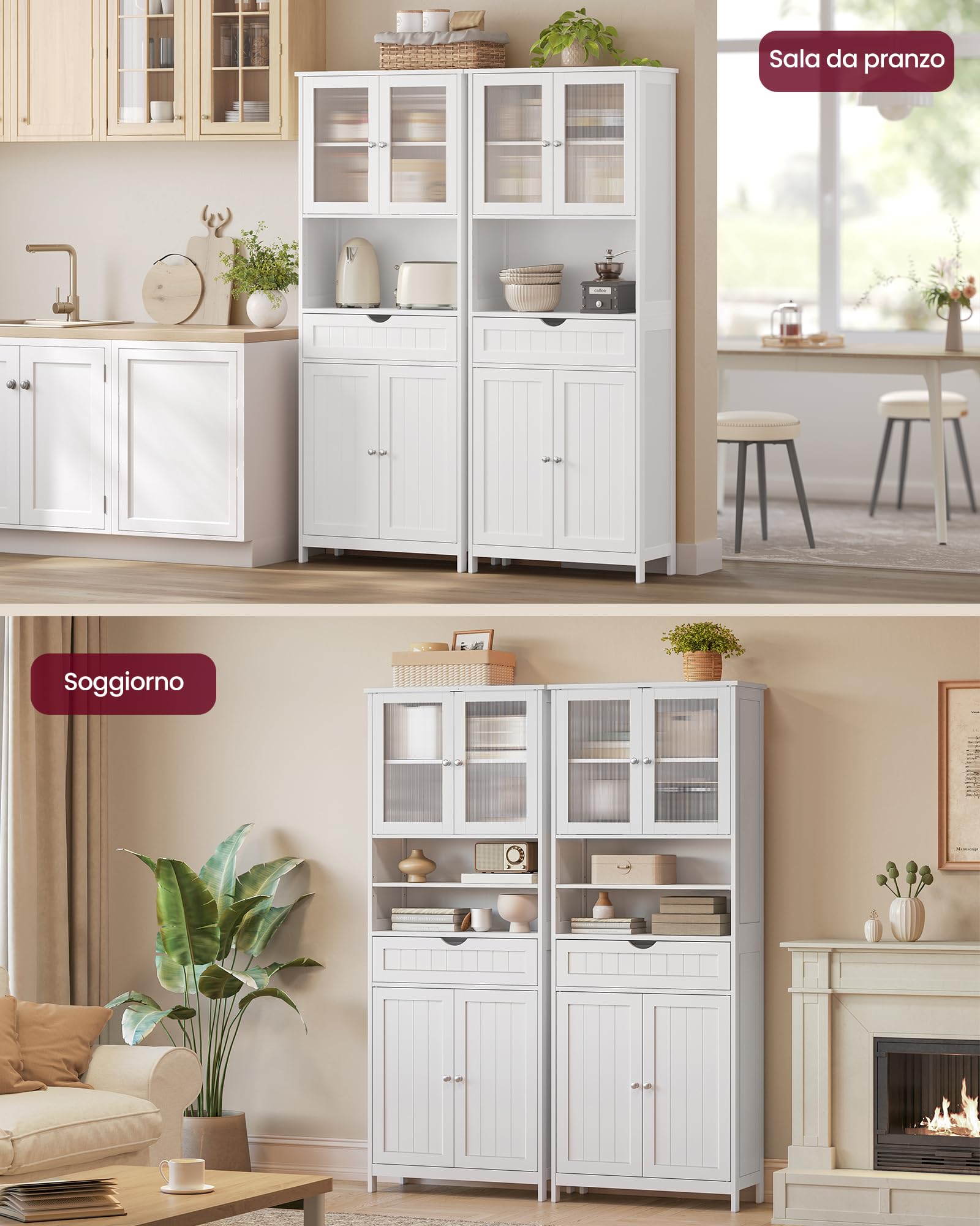VASAGLE Mobiletto Contenitore, Armadietto da Bagno, con Ripiani Regolabili, Cassetto, Scomparti Aperti, per Bagno, Soggiorno, Sala da Pranzo, Bianco Nuvola BBC768W01