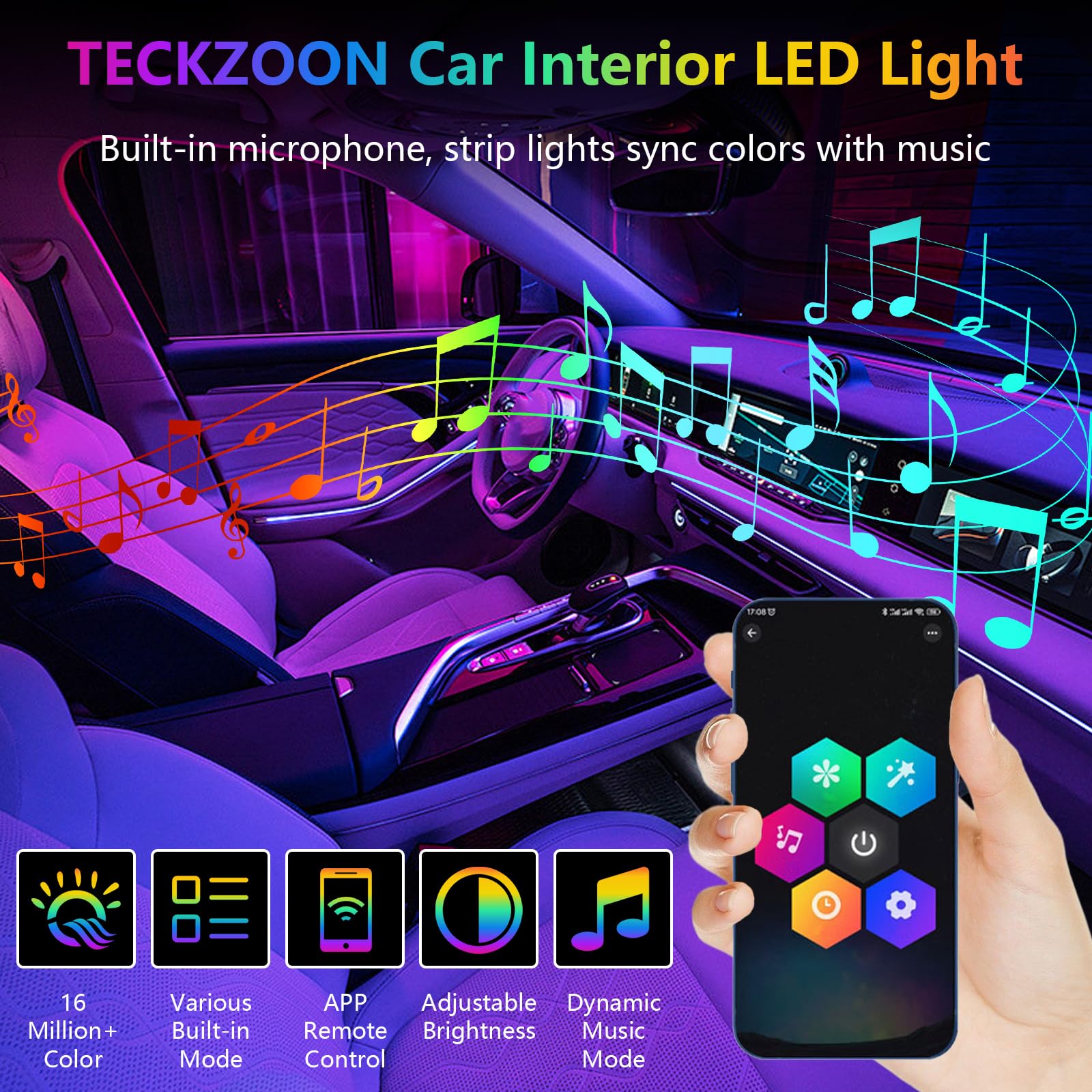 Éclairage LED Intérieur Voiture RGB, Kit de 6 Bandes Lumineuses 445 cm avec 584 LEDs, 16 Millions de Couleurs, 210 Effets, port USB, contrôle musical, APP & télécommande, Lumière d’Ambiance Auto