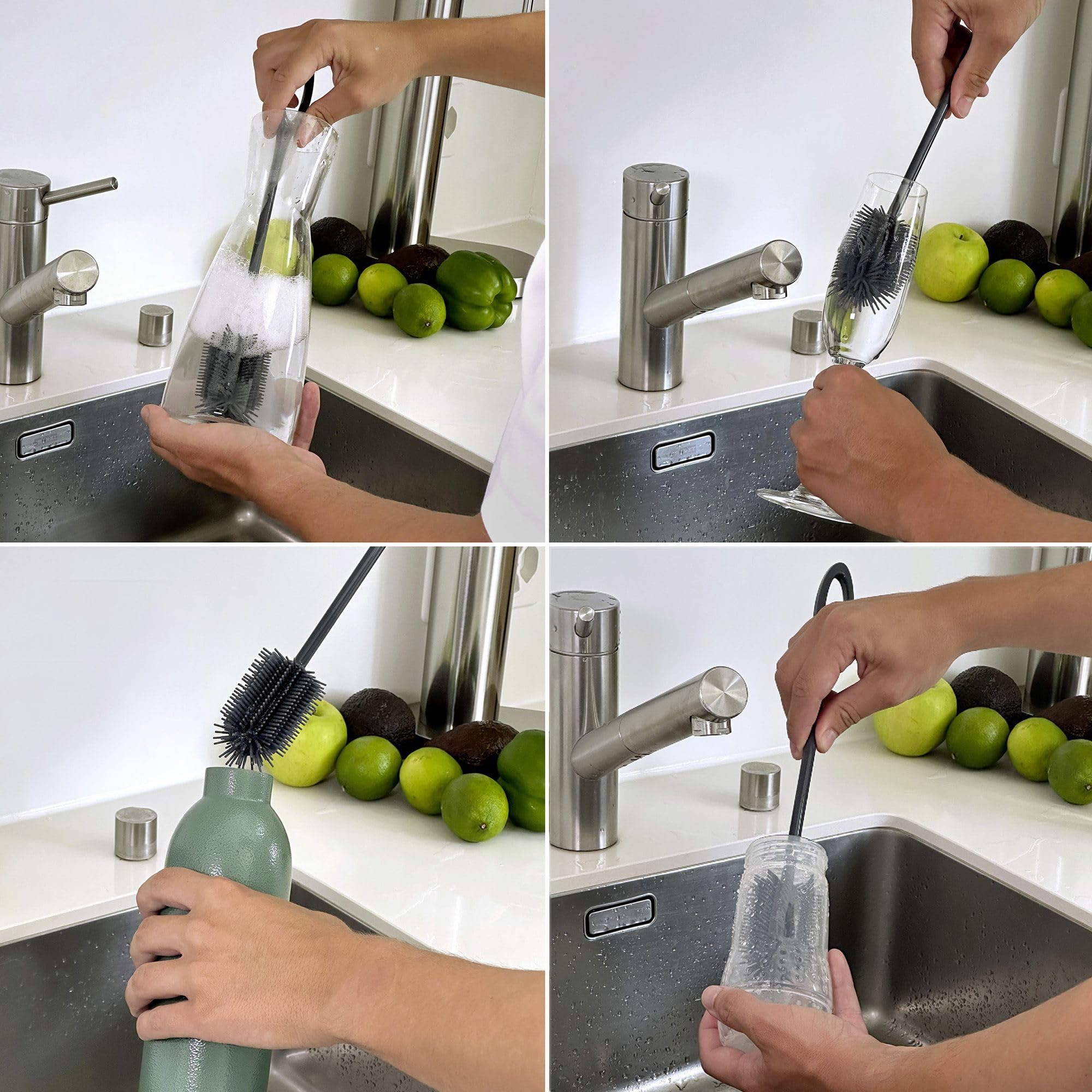 Sanni Shoo Cepillo de silicona para botellas higiénico | Cabezal desenroscable hasta 200 °C; limpiador de botellas de 35 cm; para botellas, biberones y jarras; sin BPA