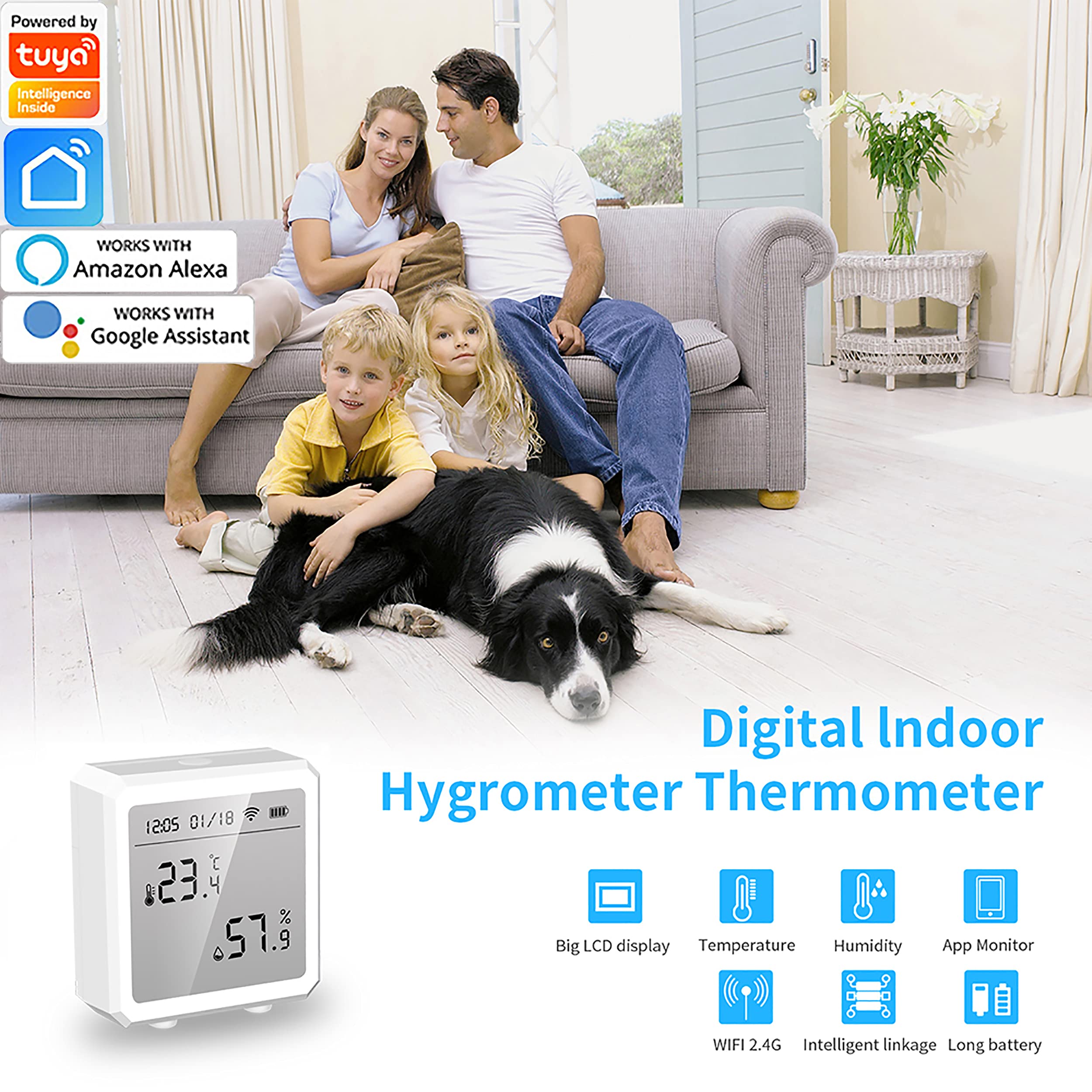 WiFi Temperature Humidity Monitor, Wireless Digital Indoor Hygrometer Thermometer with App Alerts, Smart Temperature Sensor Humidity Gauge for Home Pet Garage Cropper Greenhouse (White-2Pack)