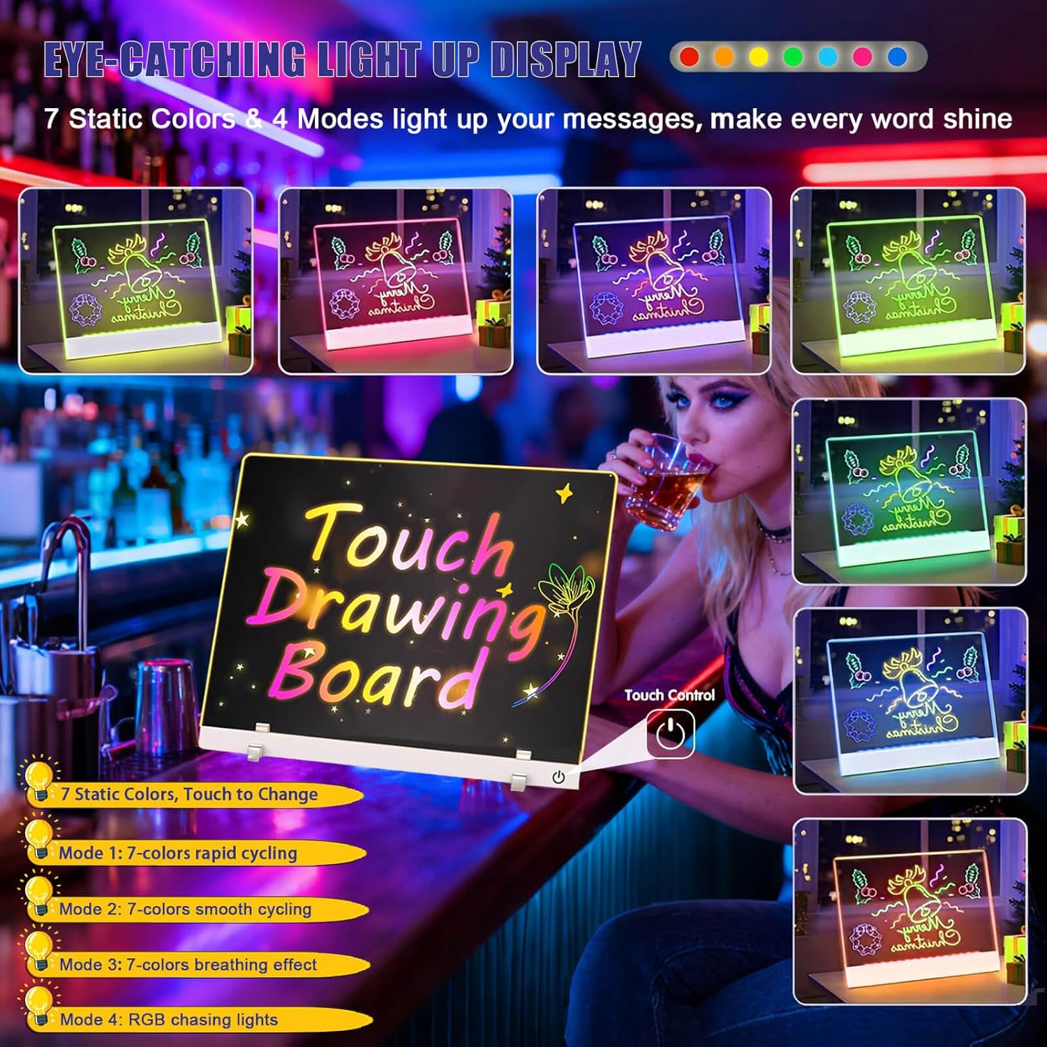 Rechargeable LED Drawing Board, Doodle Glow LED Note Board with 7 Colors, Light Up Neon Art Dry Erase Message Board with 7 Markers, Cloth, Hanging Chain and Stand for Christmas Holiday Birthday Gifts