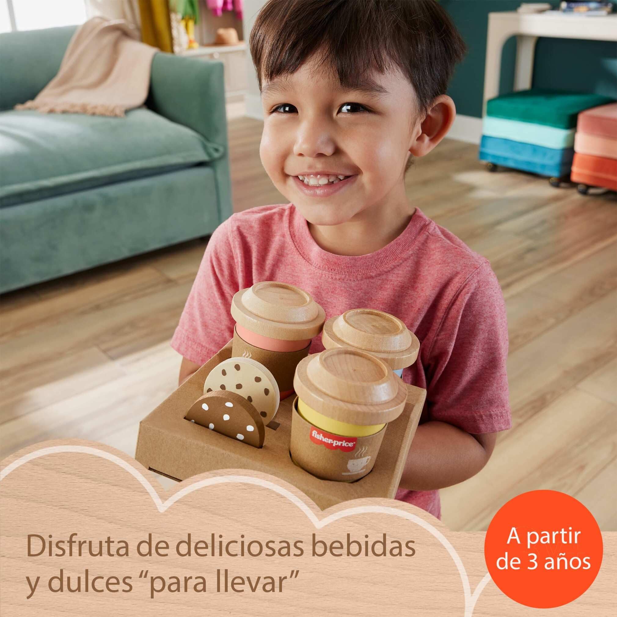 Fisher-Price Set de café para Llevar de Madera, Juguete de imitación con 15 Piezas Fabricadas en Material Certificado FSC, Juego Inspirado en Montessori, +3 años (HXT85)