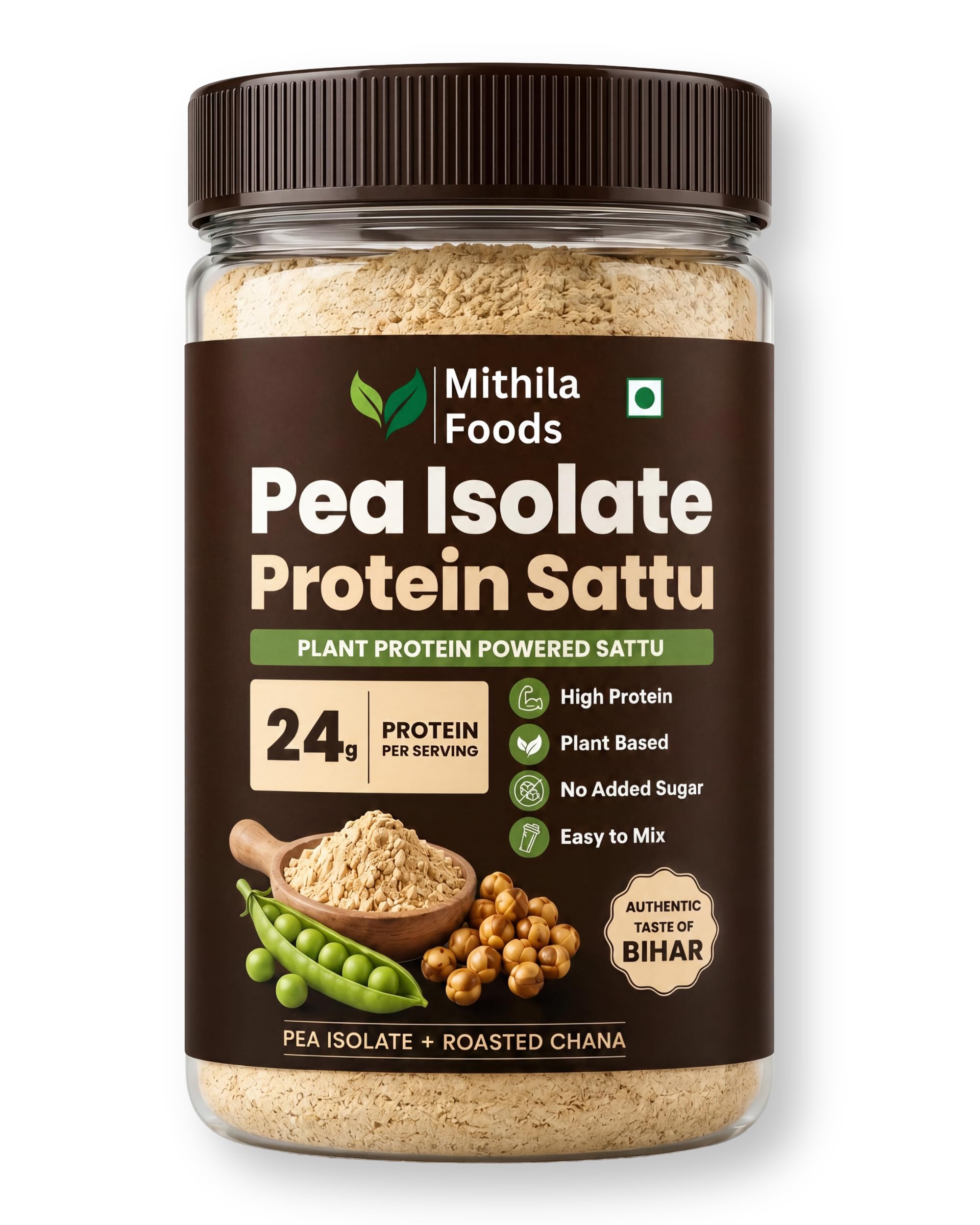 MITHILA FOODS Pea Isolate Sattu 1 Kg | 24g Protein Per Portion | Pea Protein Isolate + Sattu Blend | Vegan Dairy Free Gluten Free High Fiber | Desi Plant Protein Drink | Authentic Taste of Bihar
