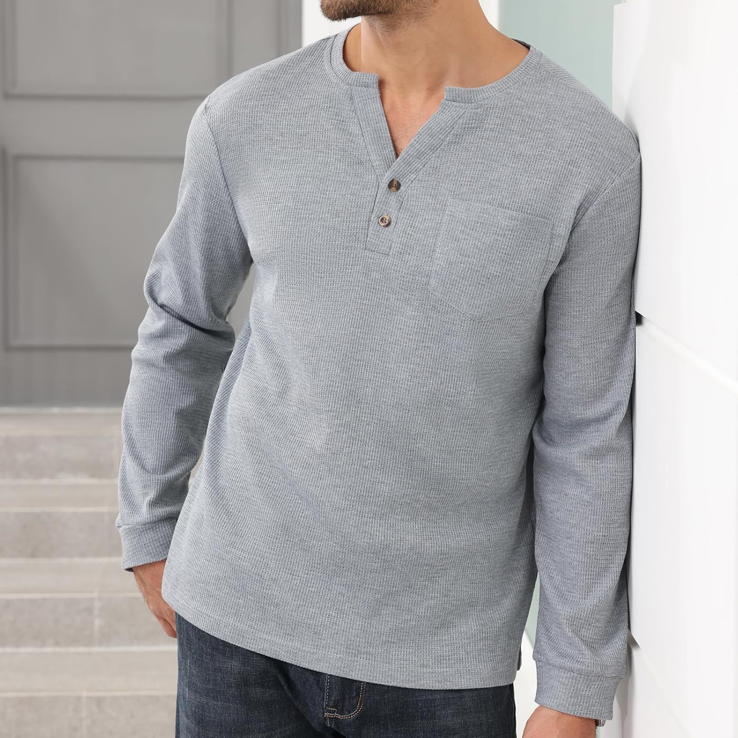 Uni Clau Men's Henley Shirts Long Sleeve Waffle Button Shirt Fall Fashion Casual Pullover Shirt - Image 5