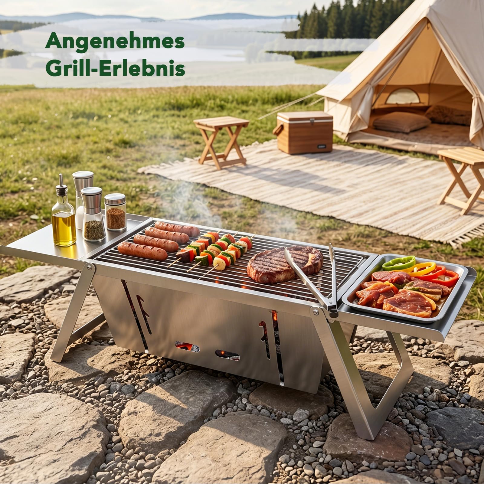 E EASTSTORM Camping Grill, Klappgrill Holzkohlegrill mit 3-stufiger Hitzeverstellung, Mini Tischgrill für 3-4 Personen, Ideal für Garten, Balkon, Strand & Reise, leicht zu Reinigen, 54x21x17.5cm