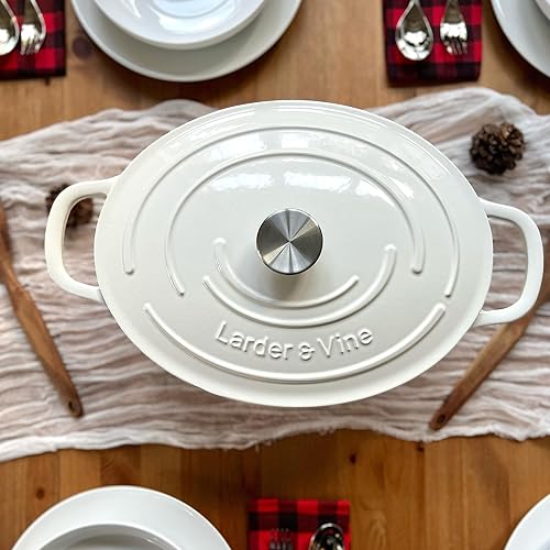 Miniatura 5 de Larder & Vine Horno holandés de hierro fundido esmaltado con tapa, antiadherente, asas de gran tamaño, tapa de cúpula, horno holandés ovalado para