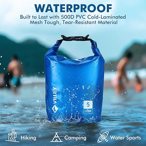 Miniatura 6 de VILLEY Bolsa seca impermeable de 5 litros que mantiene el equipo seco, saco ligero para kayak, barco, camping, natación y aventuras en la playa,