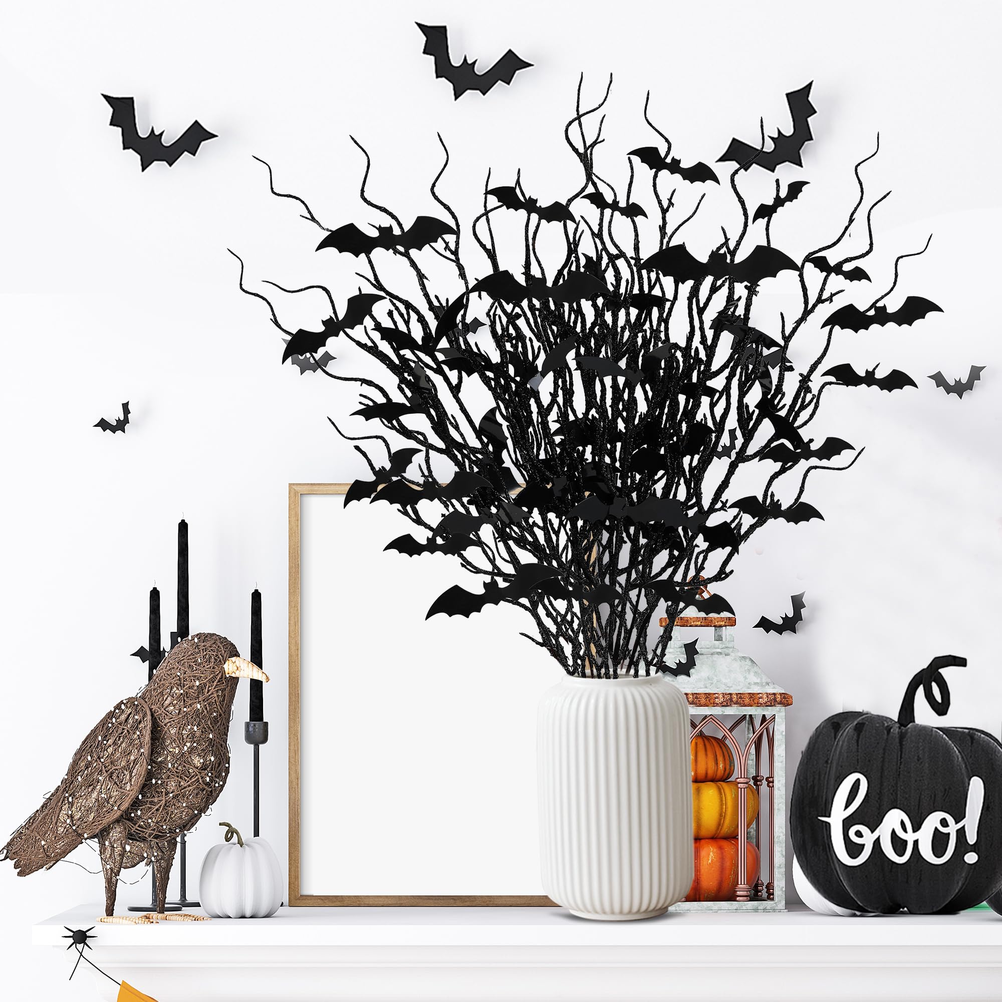 Sggvecsy 15 Pcs Artificial Halloween Glitter Stem with Black Bats Faux Picks Curly Willow Branches Decorative Glitter Sticks Twigs for Halloween DIY Crafts Festival Home Decoration