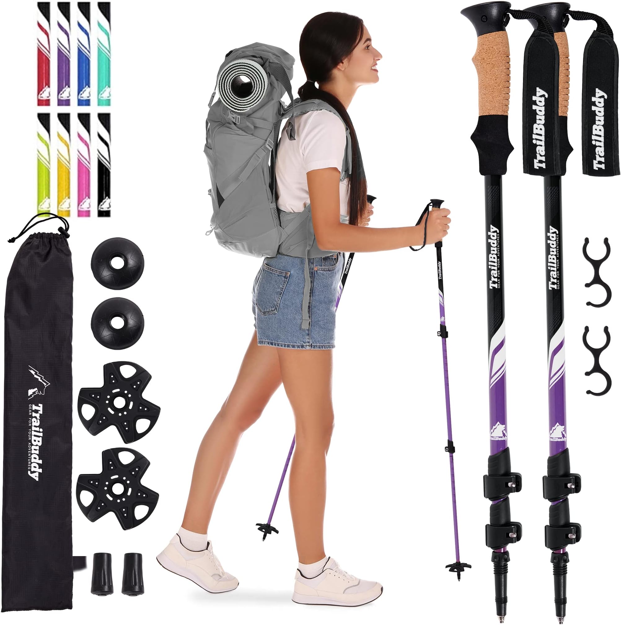 TrailBuddy Trekking Poles – Lightweight 7075 Aluminum Hiking Poles for Women, Men & Seniors – Collapsible or Foldable Walking Sticks for Travel, Trails & Balance