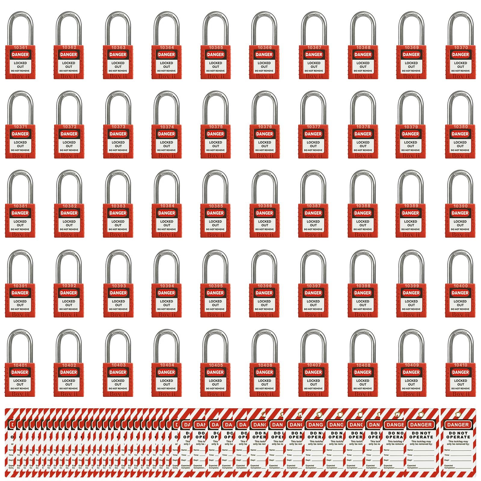 Bloqueo de bloqueo con llave, 50 juegos de etiquetas de bloqueo rojo, candado de seguridad de plástico, 2 llaves por cerradura, cerraduras loto con etiquetas de etiquetado de bloqueo..