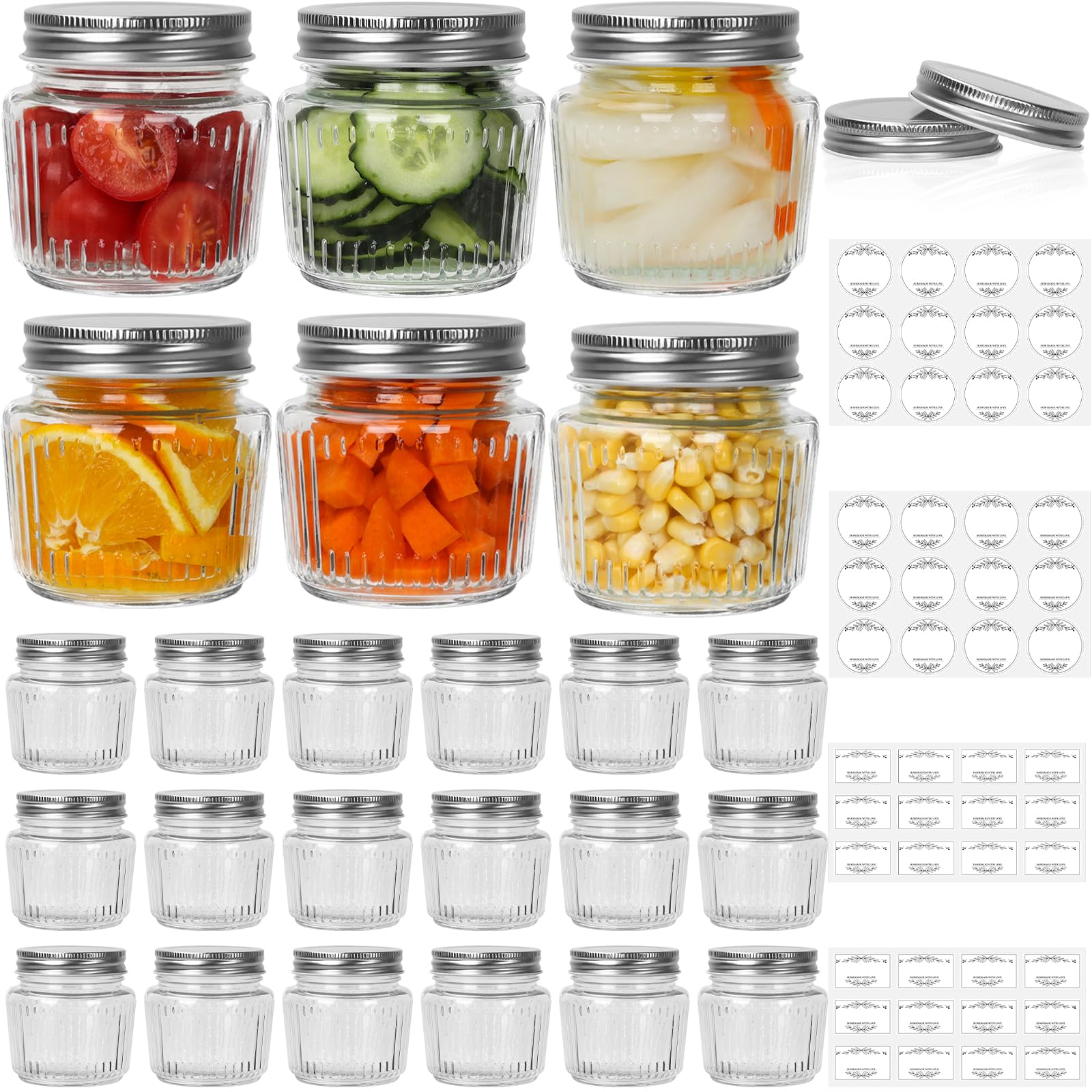 Tarros de vidrio con tapas, tarros de conservas vintage de 8 onzas, tarros de encurtido para gelatina, mermelada, miel, encurtidos, especias, conservador esencial para almacenamiento en el