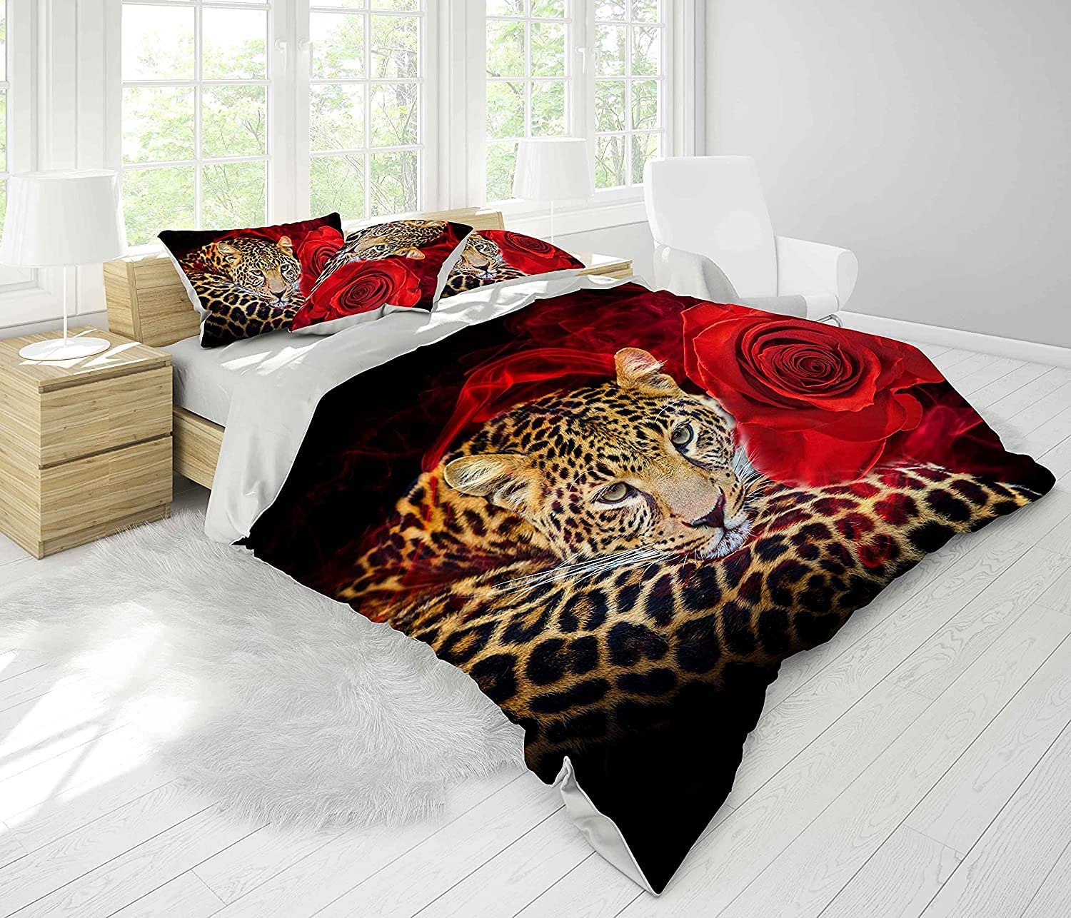 Loussiesd Leopard Bedding Set for Girls Boys Children Red Rose Duvet Decorative Safari Cheetah Print Comforter Wild Animal Theme Luxury Duvet Set King Size