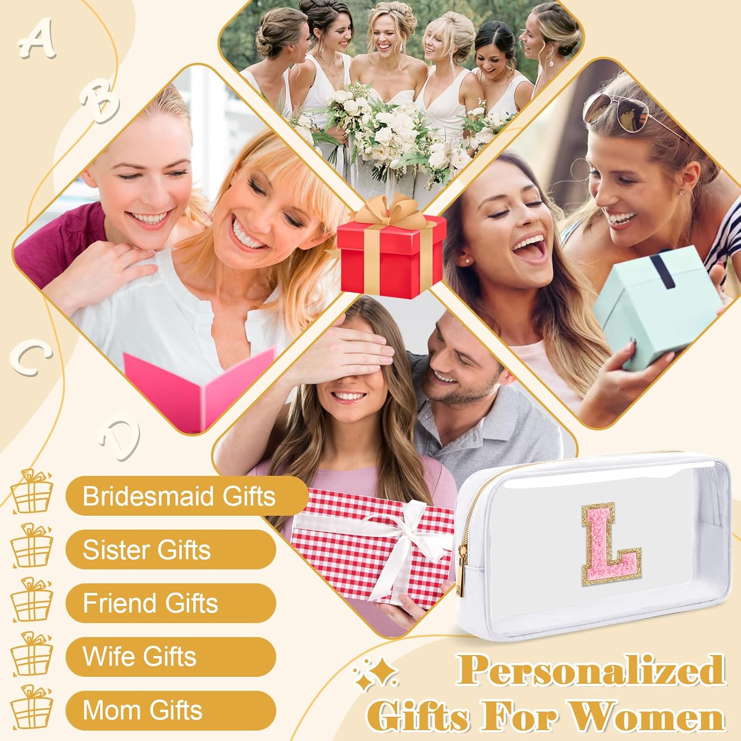 Personalized Initial Letter Clear Makeup Bag,Preppy Small Nylon&PVC Cosmetic Zipper Bag with Chenille Letter,Travel Skincare Toiletry Bag,Monogram Christmas Gift for Teen Girls Women,L - Image 6