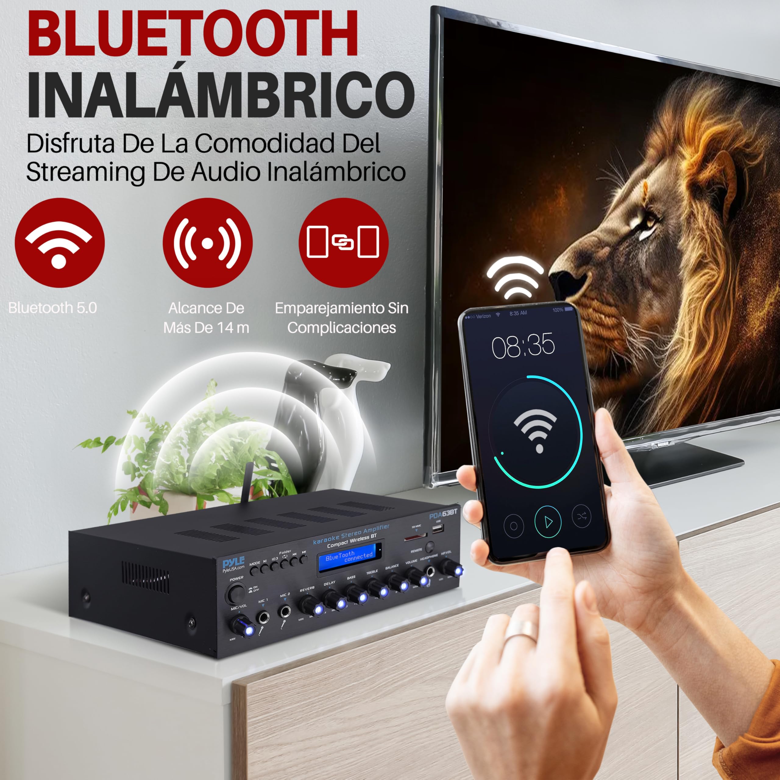 Pyle Amplificador Estereo BT, Inalambrico, Multicanal, 200V, para el hogar, Radio FM, USB, SD, AUX, RCA, Entrada de microfono